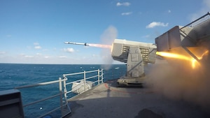 A RAM-116 Rolling Airframe Missile (RAM) launches from the aircraft carrier USS George H.W. Bush during a Live Fire With a Purpose (LFWAP) event.