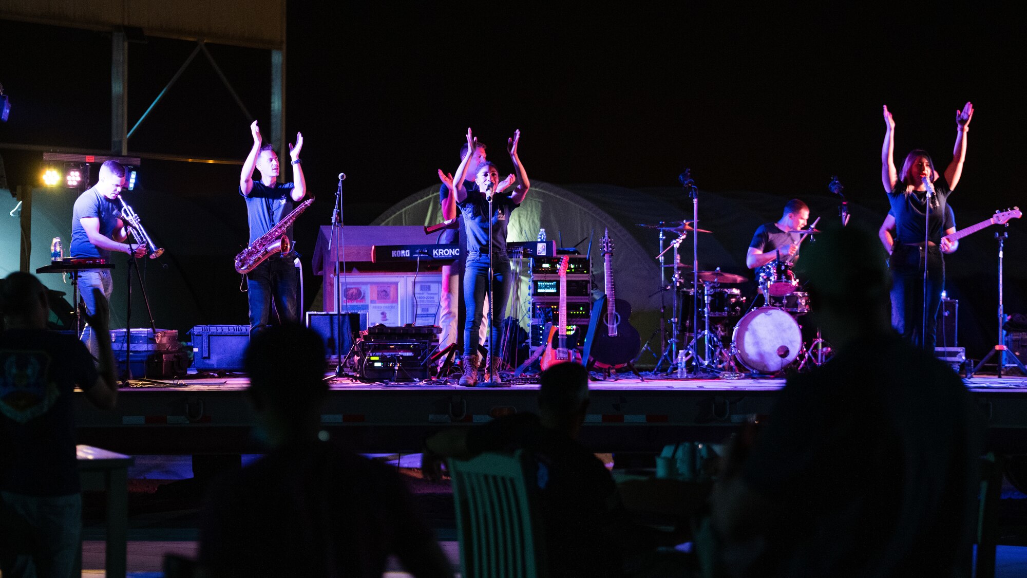 Members of the U.S. Air Forces Central Band perform a concert at Prince Sultan Air Base, Kingdom of Saudi Arabia, Feb. 26, 2022. The AFCENT Band supports the morale of deployed troops by playing various concerts around the region. (U.S. Air Force photo by Senior Airman Jacob B. Wrightsman)
