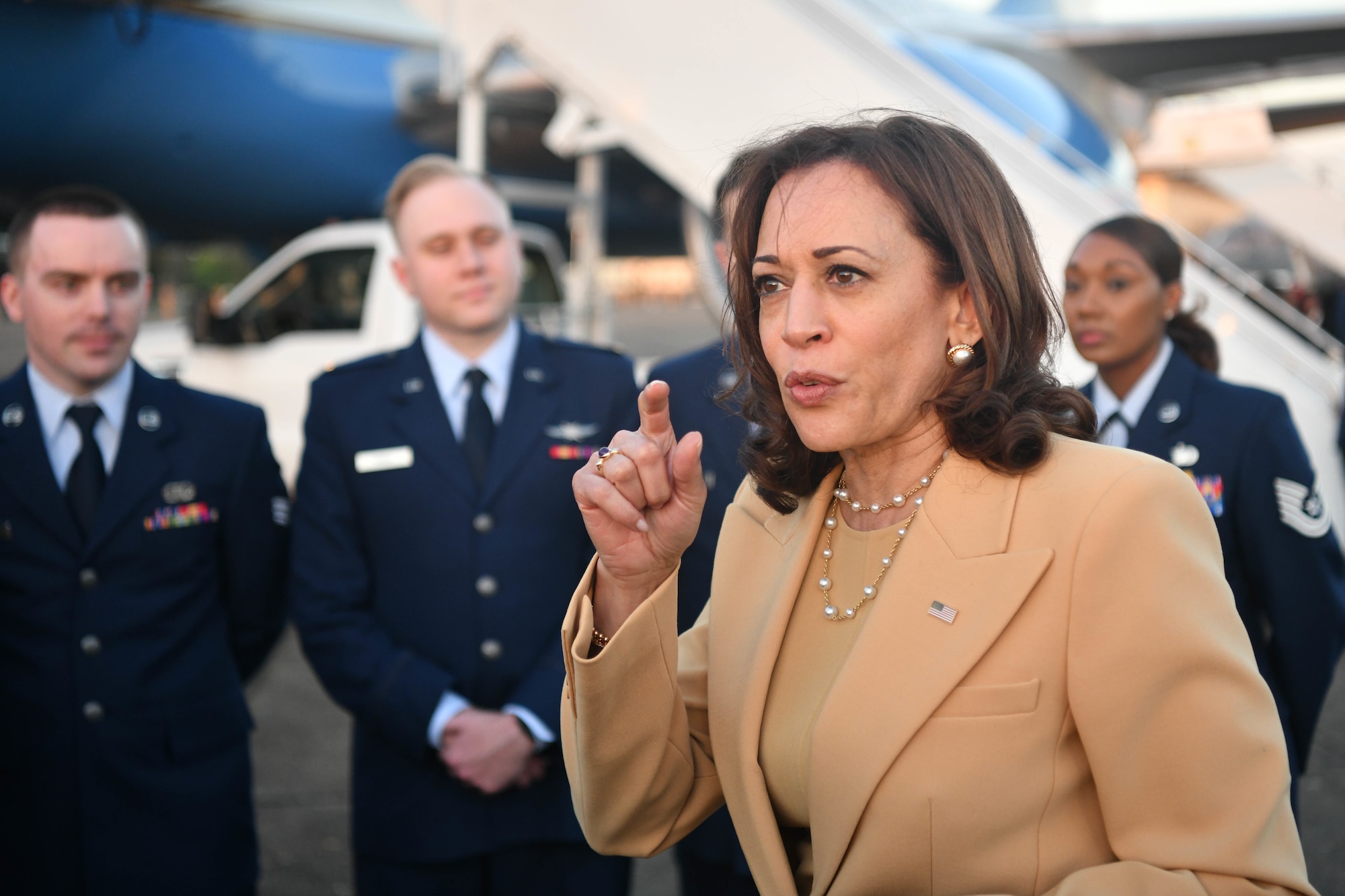 Vice President Kamala Harris speaks with Airmen prior to departing from Maxwell Air Force Base, Alabama, March 6, 2022. Harris recognized 10 individuals who were nominated as exemplary Airmen. (U.S. Air Force photo by Senior Airman Jackson Manske)