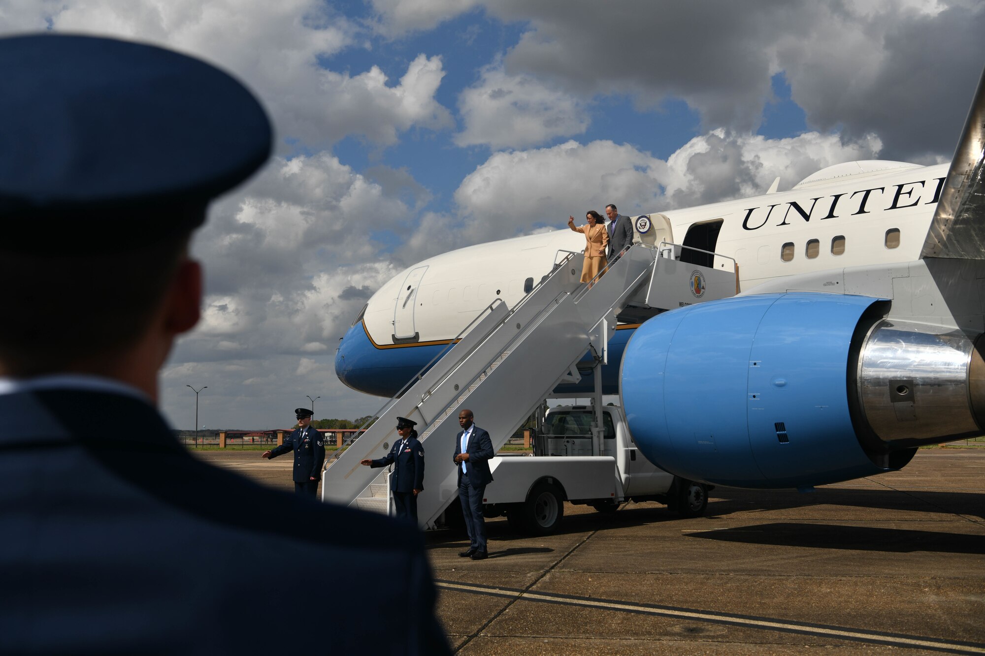 Vice President Kamala Harris exits Air Force Two after arriving on Maxwell Air Force Base, Alabama March 6, 2022. Harris visited Alabama to commemorate the 57th anniversary of Bloody Sunday, a civil rights march that turned to tragedy. (U.S. Air Force photo by Senior Airman Jackson Manske)