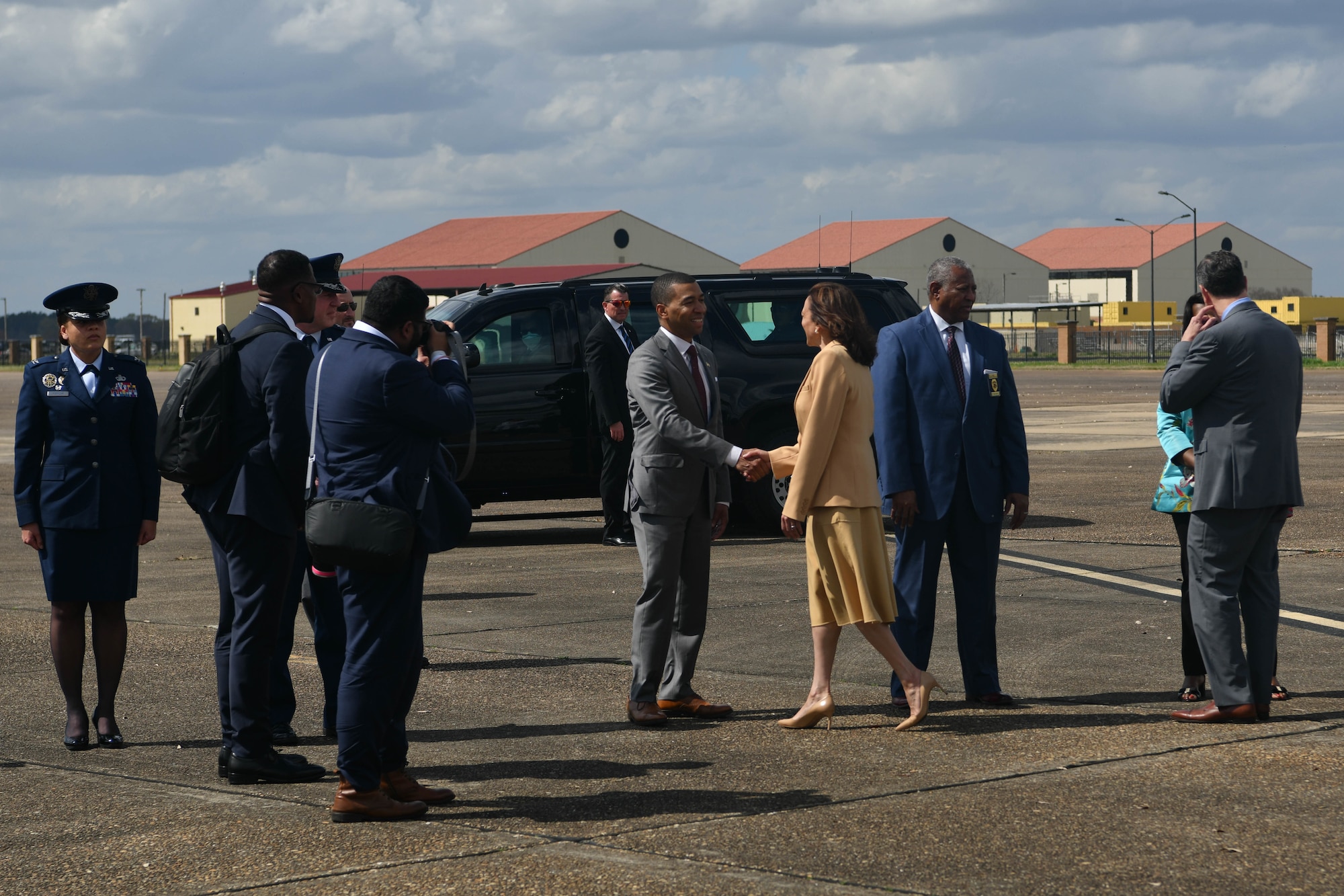 Mayor Steven Reed, Mayor of Montgomery, greets Vice President Kamala Harris on Maxwell Air Force Base, Alabama March 6, 2022. Harris visited Alabama to commemorate the 57th anniversary of Bloody Sunday, a civil rights march that turned to tragedy. (U.S. Air Force photo by Senior Airman Jackson Manske)