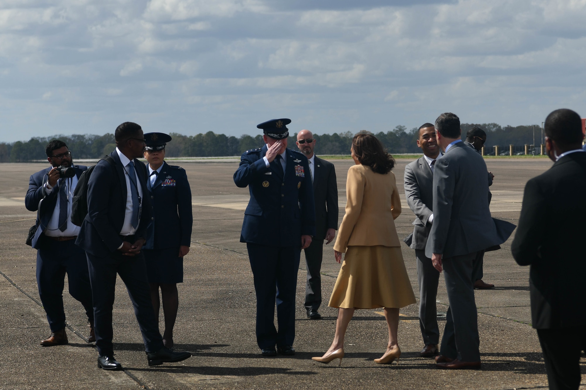 Lt. Gen. James Hecker, Air University commander and president, salutes Vice President Kamala Harris on Maxwell Air Force Base, Alabama March 6, 2022. Harris visited Alabama to commemorate the 57th anniversary of Bloody Sunday, a civil rights march that turned to tragedy. (U.S. Air Force photo by Senior Airman Jackson Manske)