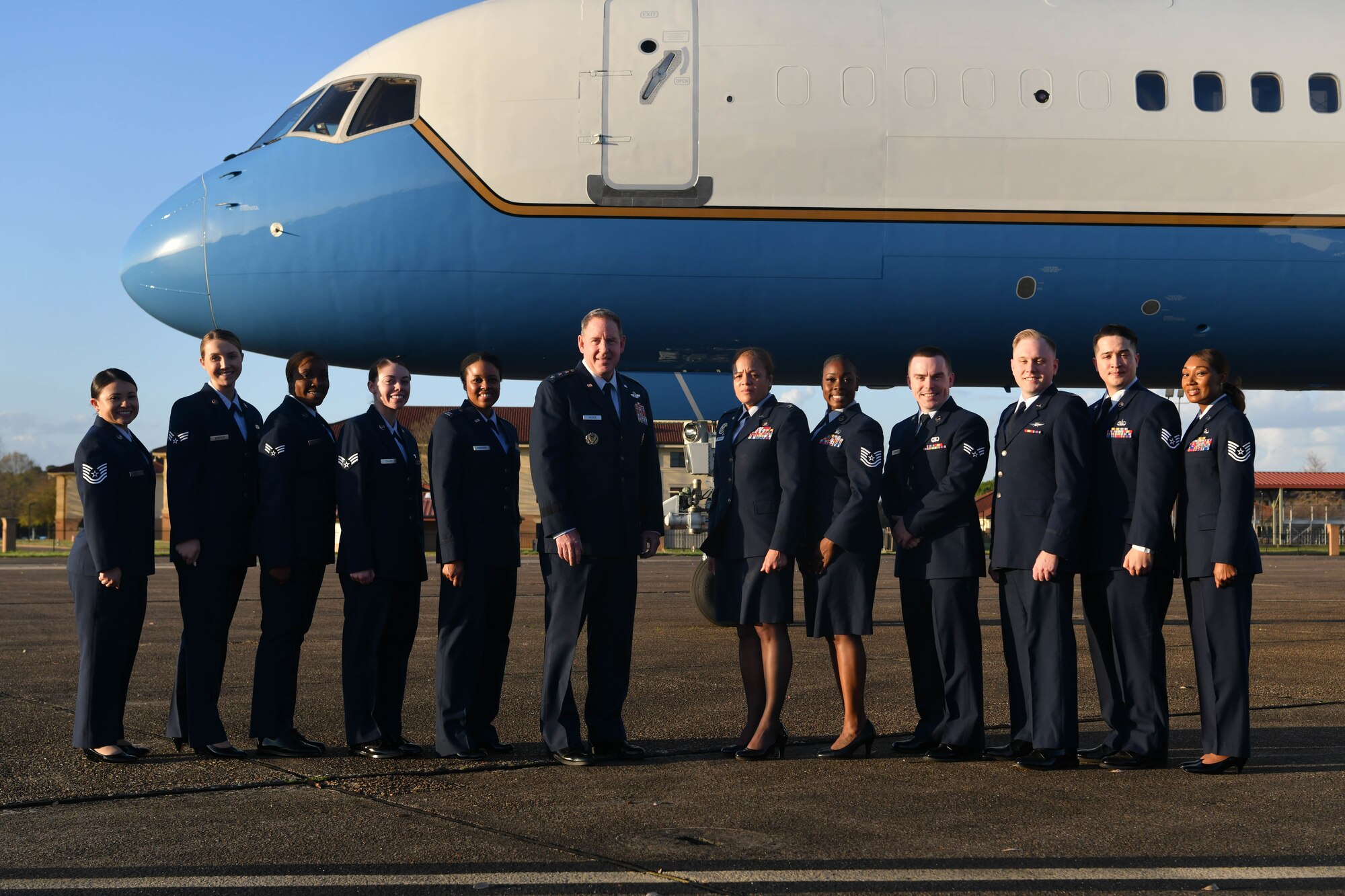 Lt. Gen. James Hecker, Air University commander and president, and Col. Eries Mentzer, 42nd Air Base Wing commander, pose for a photo with Maxwell-Gunter Airmen prior to the vice president’s departure from Maxwell Air Force Base, Alabama, March 6, 2022. Vice President Kamala Harris recognized 10 individuals who were nominated as exemplary Airmen. (U.S. Air Force photo by Senior Airman Jackson Manske