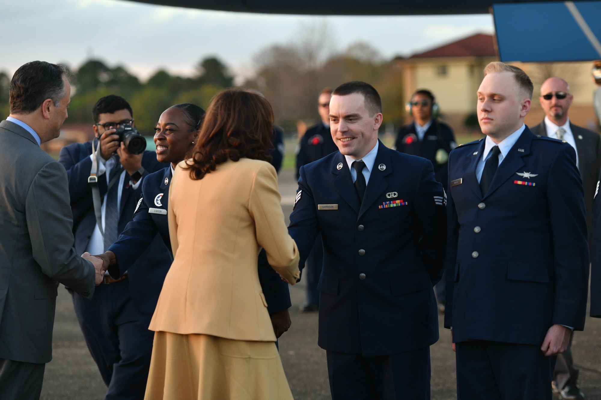 Vice President Kamala Harris shakes hands with Senior Airman David Garrison, an air traffic controller assigned to the 42nd Operations Support Squadron, on Maxwell Air Force Base, Alabama, March 6, 2022. Harris recognized 10 individuals who were nominated as exemplary Airmen. (U.S. Air Force photo by Senior Airman Jackson Manske)