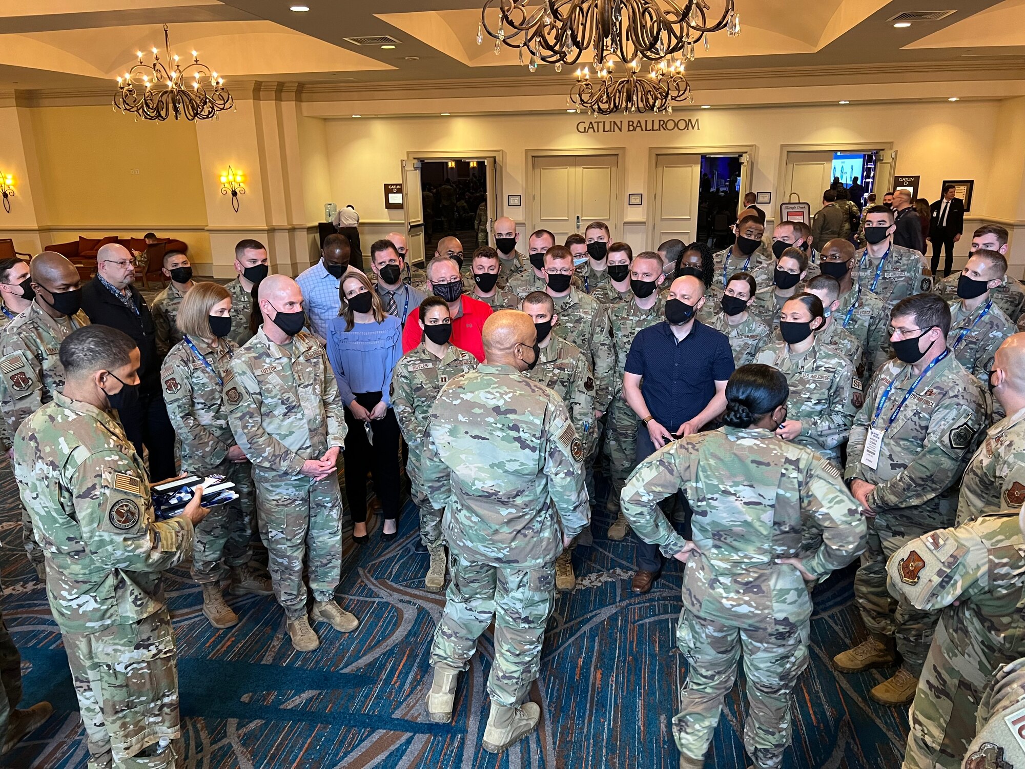 Gen. Anthony Cotton, commander of Air Force Global Strike Command, engages with Airmen of AFGSC who attended the 2022 Air Force Association Warfare Symposium, March 3 in Orlando, Florida. AFA’s Air Force Association Warfare Symposium is a premiere professional development event for the U.S. Air Force and U.S. Space Force, as well as the aerospace and defense industries that support them. (Air Force courtesy photo)