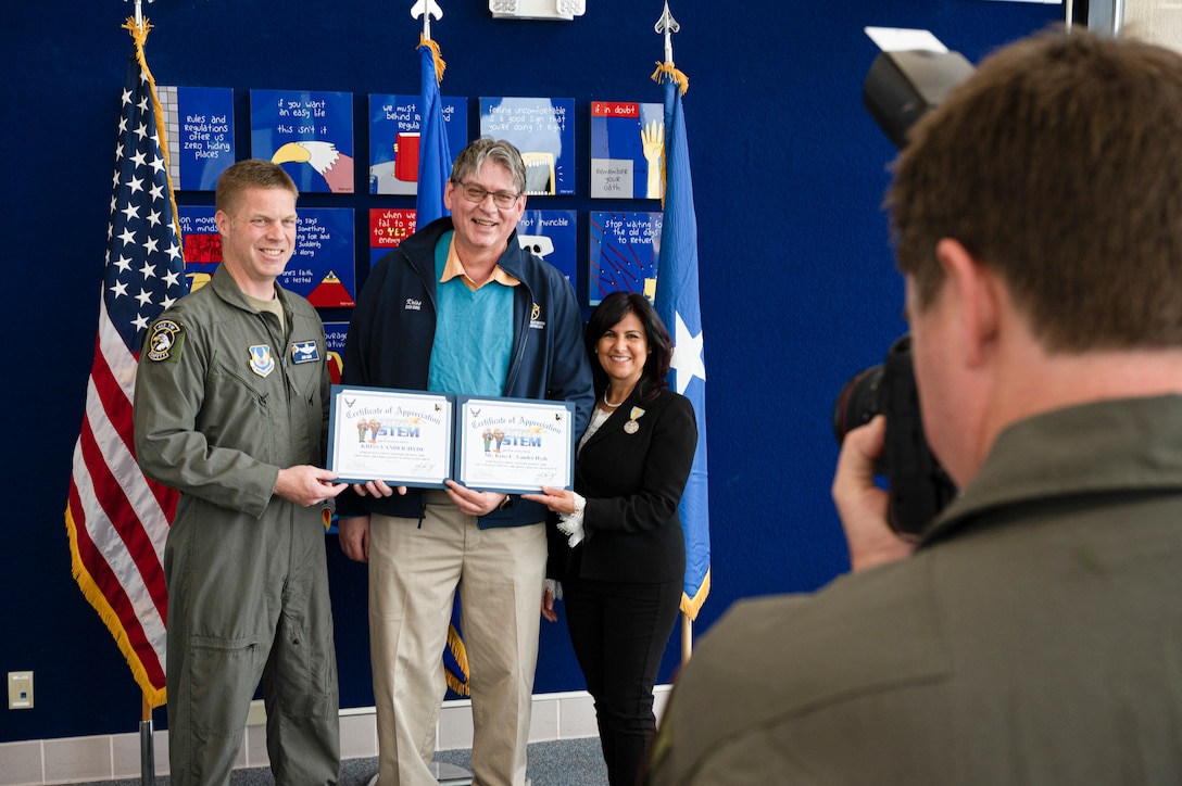 This year 53 STEM volunteers were invited. Col. Joshua Egan, Chief of Safety and Helida Vanhoy, STEM Coordinator awards the recipients with certificates.