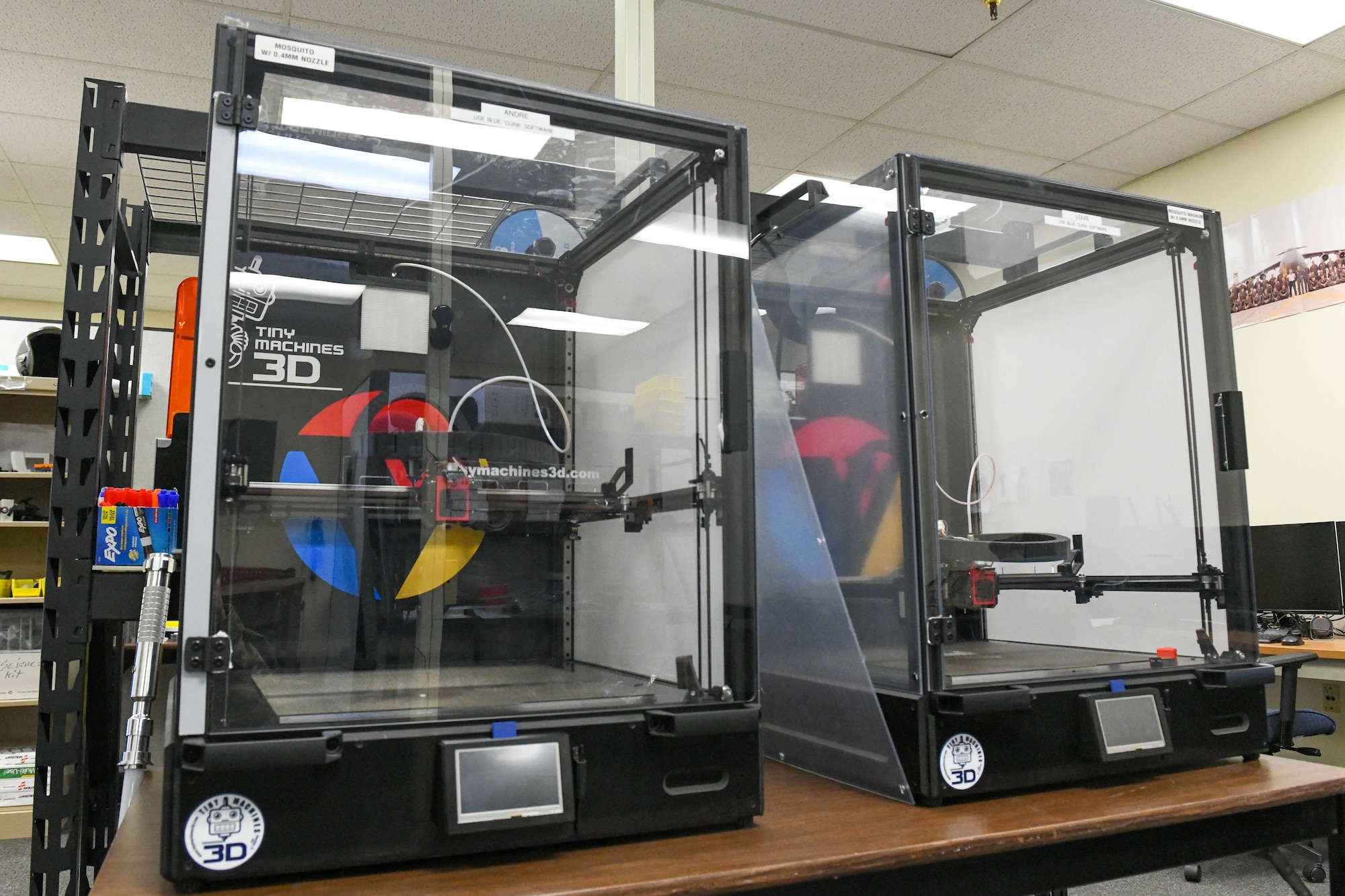 3D printers sit in the Spark Cell office for Airmen to use at Altus Air Force Base, Oklahoma, March 3, 2022. The 97th Air Mobility Wing’s Spark Cell program strives to foster a culture of creativity and problem solving. (U.S. Air Force photo by Airman 1st Class Trenton Jancze)