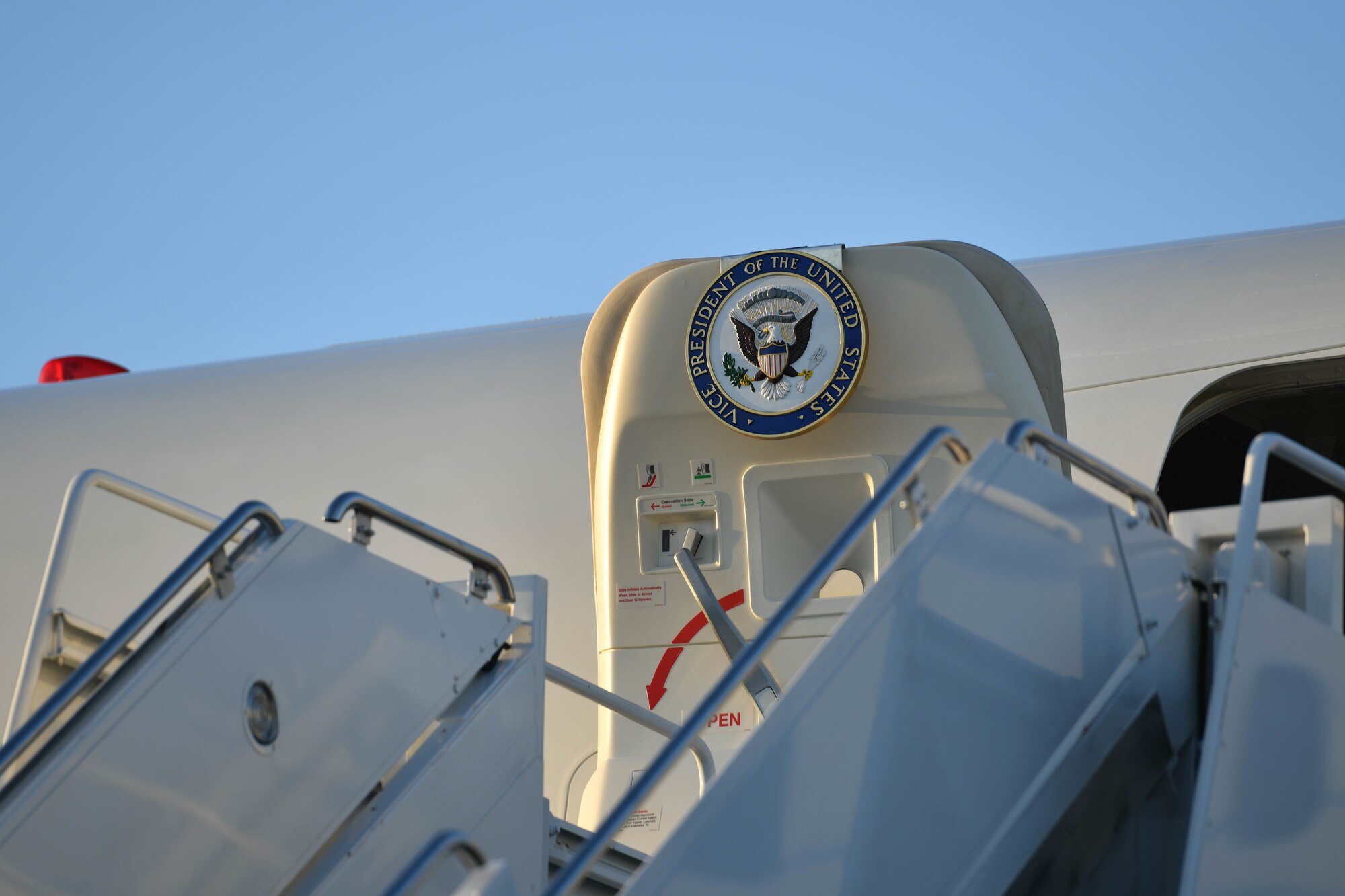 The Seal of the Vice President of the United States adorns one of the doors on Air Force Two. (U.S. Air Force photo by Senior Airman Jackson Manske)