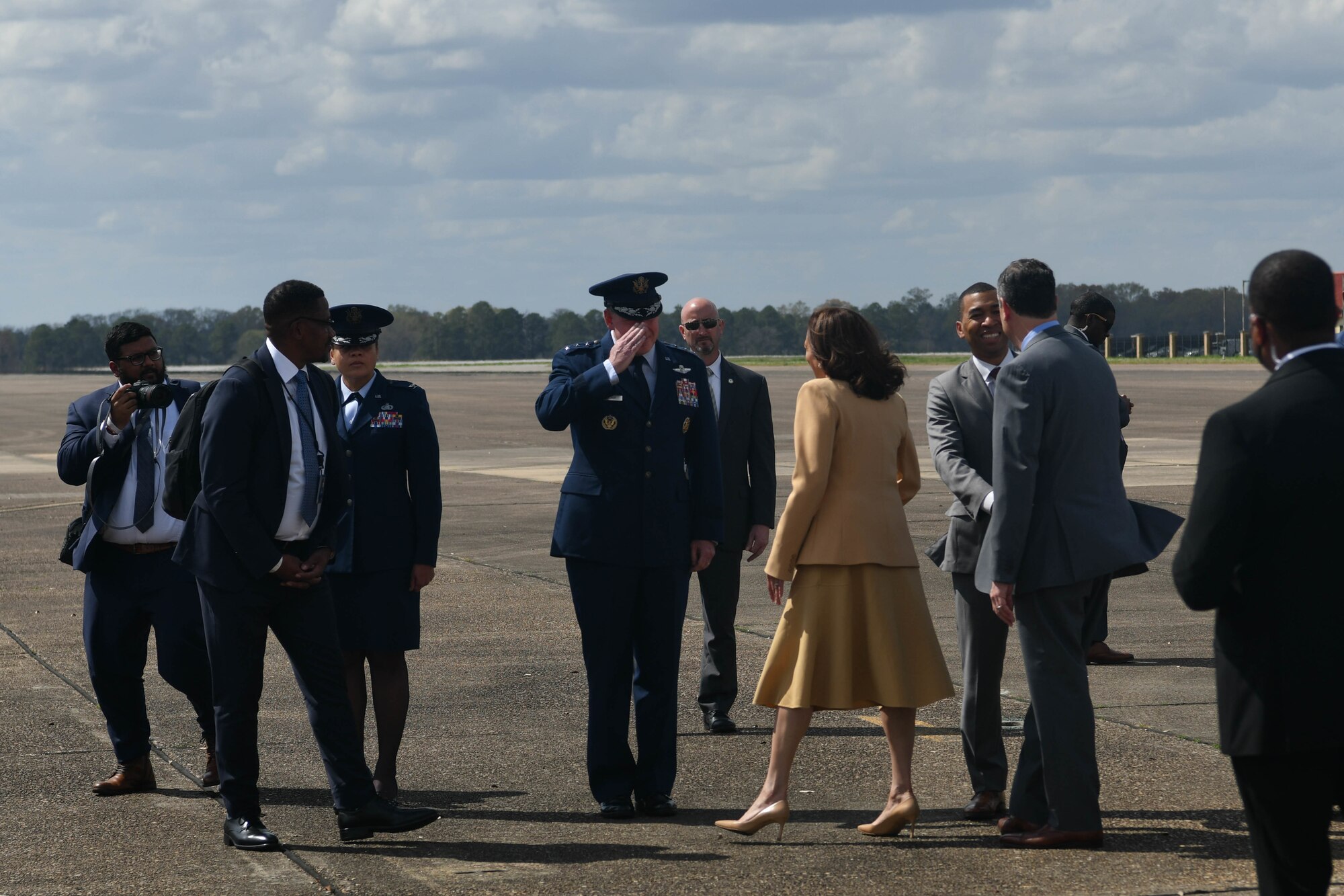 Lt. Gen. James Hecker, Air University commander and president, salutes Vice President Kamala Harris on Maxwell Air Force Base, Alabama March 6, 2022. Harris visited Alabama to commemorate the 57th anniversary of Bloody Sunday, a civil rights march that turned to tragedy. (U.S. Air Force photo by Senior Airman Jackson Manske)