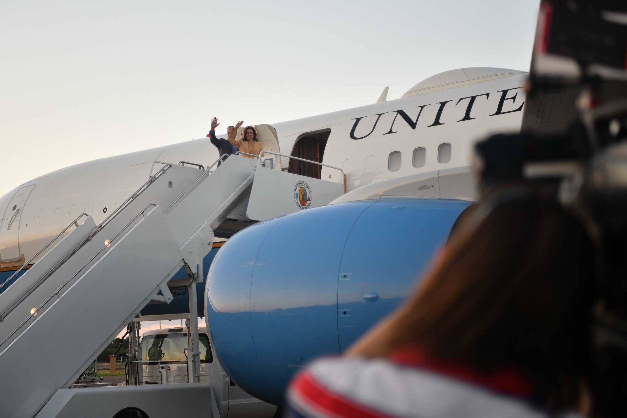 Vice President Kamala Harris and second gentleman Douglas Emhoff wave goodbye before departing from Maxwell Air Force Base, Alabama, March 6, 2022. Harris visited Alabama to commemorate the 57th anniversary of Bloody Sunday, a civil rights march that turned to tragedy. (U.S. Air Force photo by Senior Airman Jackson Manske)