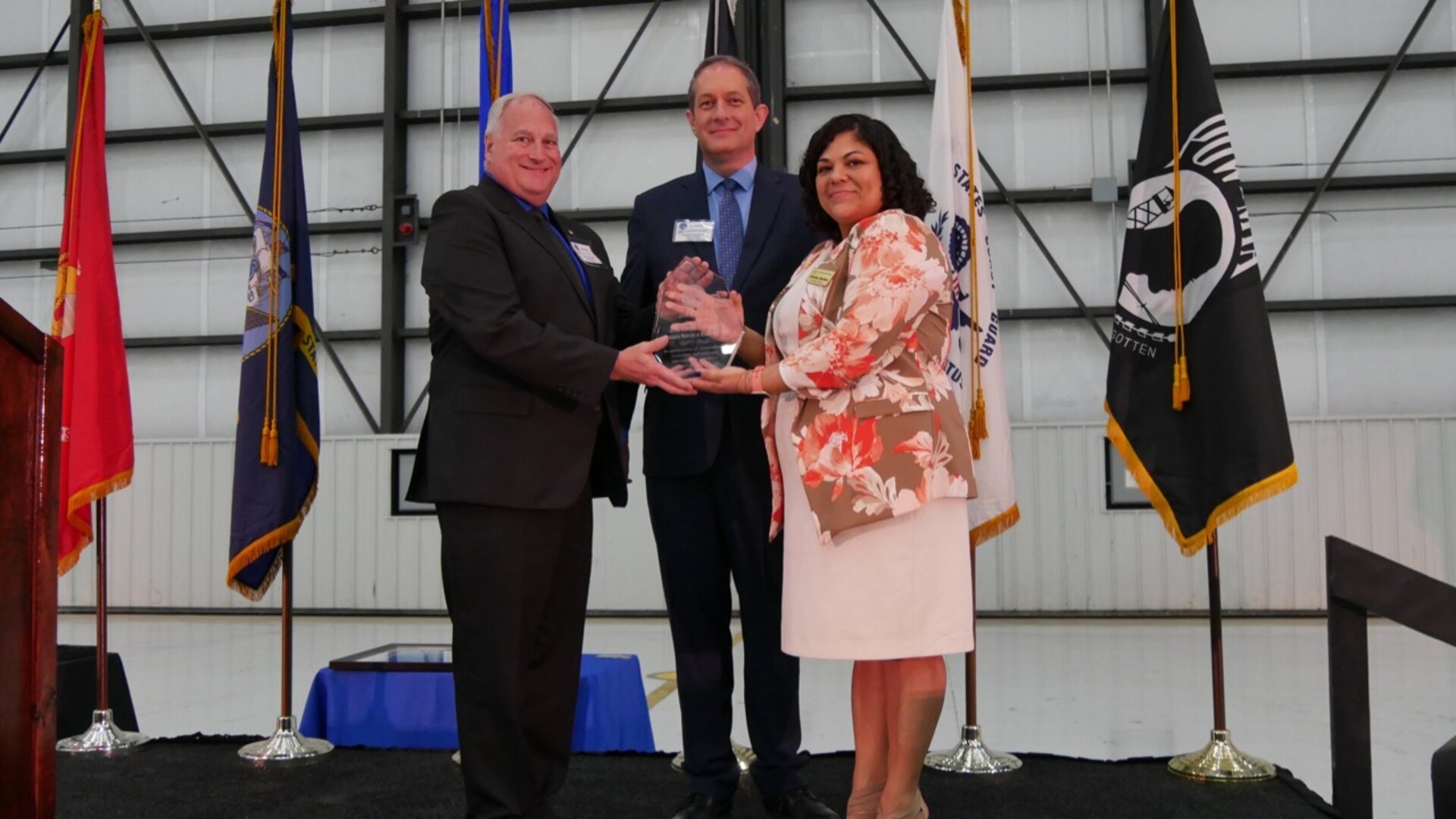 The Air Force Research Laboratory’s United States Air Force School of Aerospace Medicine (USAFSAM) was inducted into the San Antonio Aviation Hall of Fame during the Dee Howard Foundation’s 2022 San Antonio Aerospace Hall of Fame awards banquet held at the Boeing Hangar at Port San Antonio March 2, 2022. Accepting the honor on behalf of USAFSAM was retired Col. (Dr.) Charles R. Fisher Jr., who was joined by Jim Perschbach, President & CEO, Port San Antonio, and Christina Martinez, Executive Director, Dee Howard Foundation. (Courtesy photo)