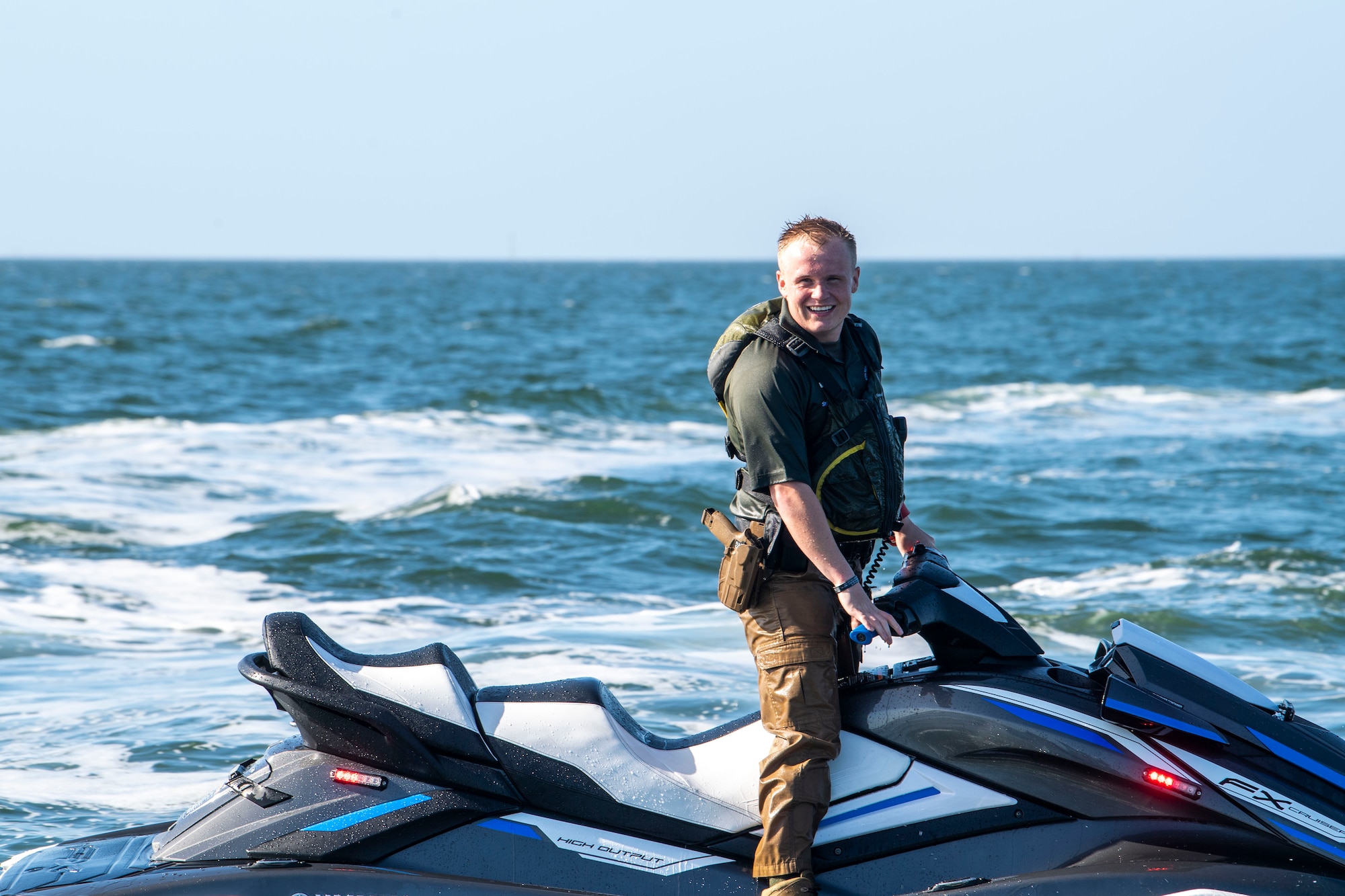 U.S. Air Force Senior Airman Garrett Stevens, 6th Security Forces Squadron marine patrolman, operates a jet ski in Tampa Bay, Florida, MacDill Air Force Base, Florida, March. 7, 2022.