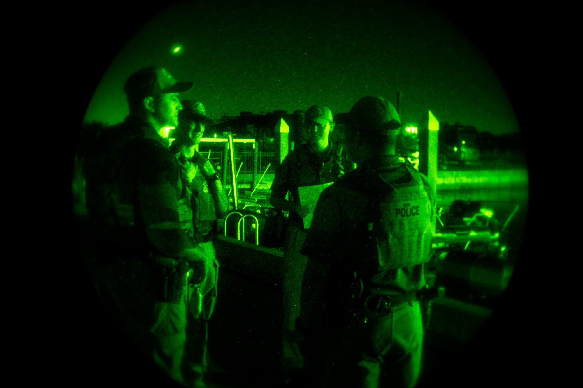 Marine patrolmen assigned to the 6th Security Forces Squadron conduct a shift change-over at MacDill Air Force Base, Florida, March 7, 2022.