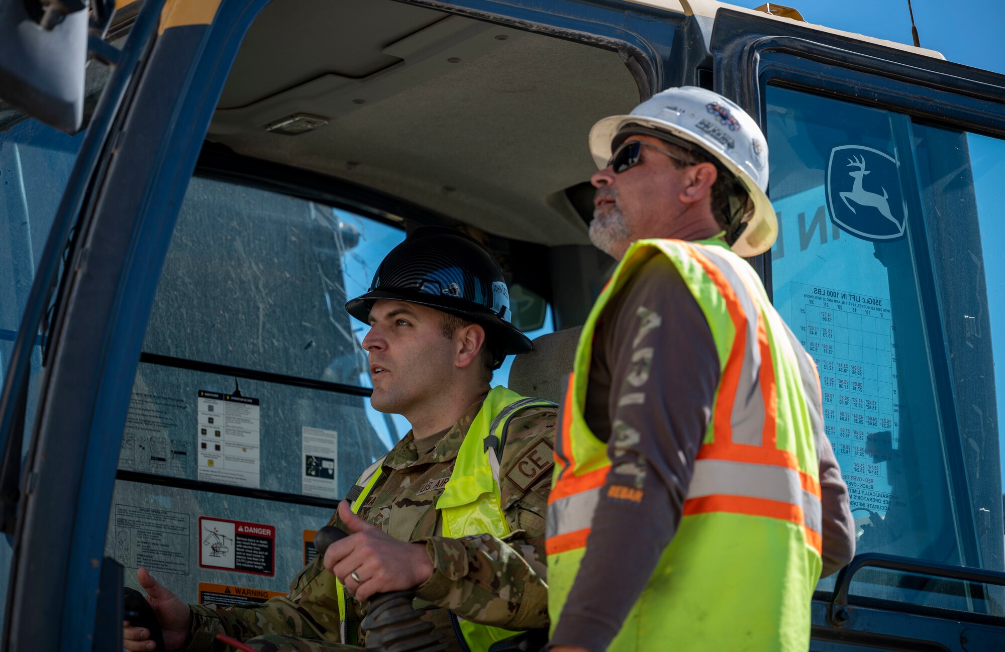 man operates construction equipment with supervision