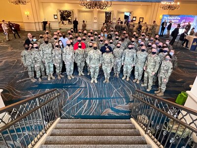 Airmen of Air Force Global Strike Command who attended the 2022 Air Force Association Warfare Symposium pose for a group picture, March 3 in Orlando, Florida. AFA’s Air Force Association Warfare Symposium is a premiere professional development event for the U.S. Air Force and U.S. Space Force, as well as the aerospace and defense industries that support them. (Air Force courtesy photo)