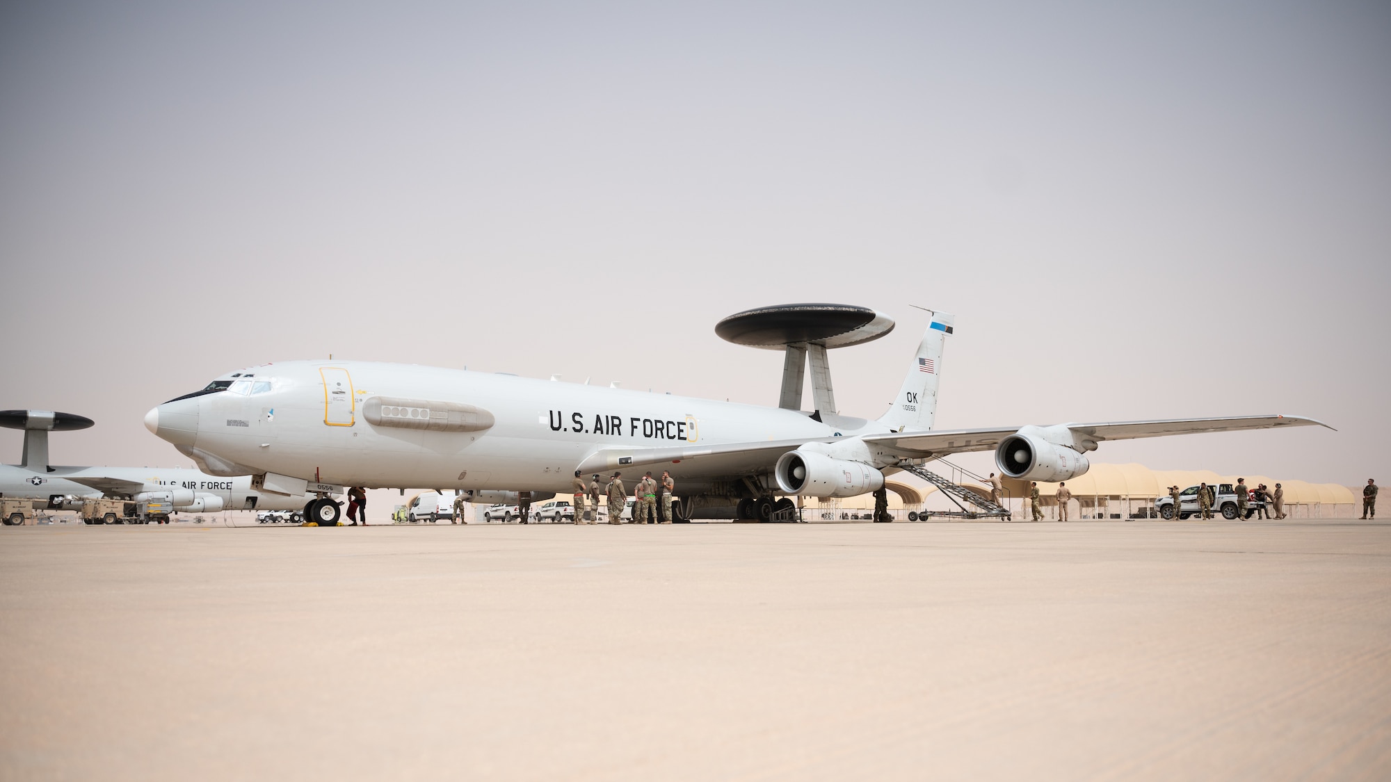 A U.S. Air Force E-3 Sentry assigned to the 968th Expeditionary Airborne Air Control Squadron sits on the flight line at Prince Sultan Air Base, Kingdom of Saudi Arabia, March 6, 2022. The E-3 is an airborne warning and control system, aircraft with an integrated command and control battle management, surveillance, target detection, and tracking platform. (U.S. Air Force photo by Senior Airman Jacob B. Wrightsman)