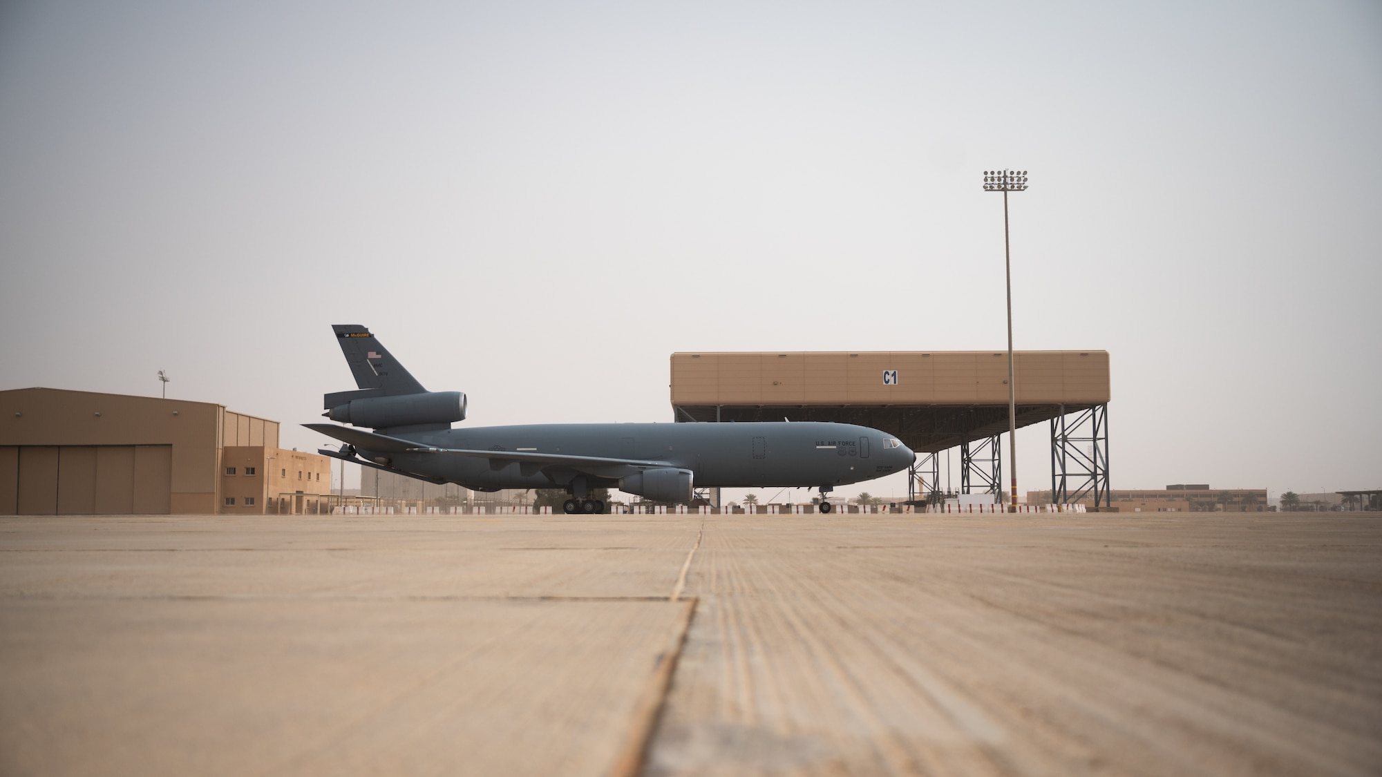 A U.S. Air Force KC-10 Extender assigned to the 908th Expeditionary Air Refueling Squadron taxis at Prince Sultan Air Base, Kingdom of Saudi Arabia, March 6, 2022. Airmen of the 908th EARS provide advanced tanker and cargo capabilities and can refuel U.S., ally and partner nation military aircraft. (U.S. Air Force photo by Senior Airman Jacob B. Wrightsman)