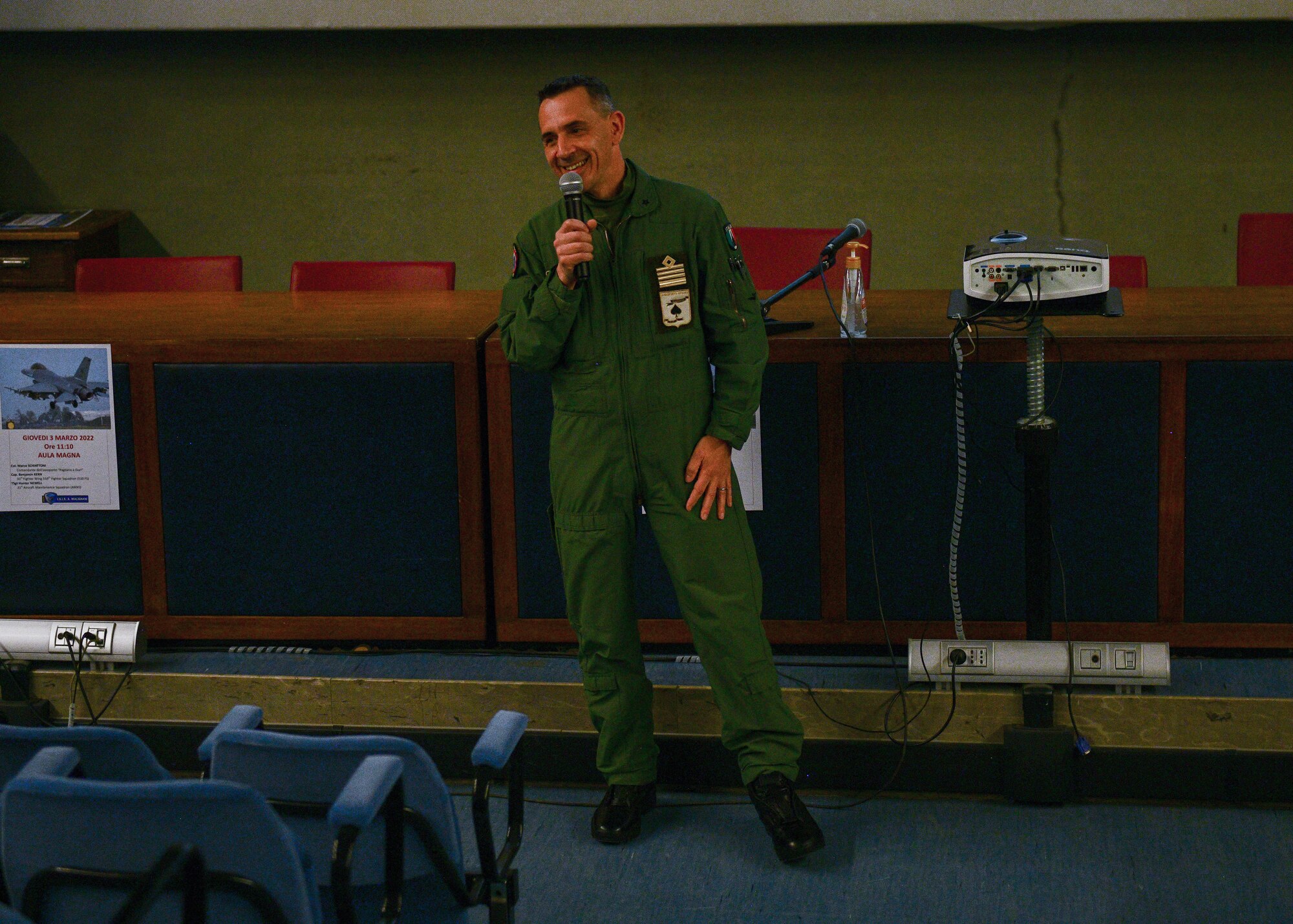 Italian air force Col. Marco Schiattoni, ‘Pagliano e Gori’ Airport commander, speaks to a group of approximately 60 aeronautical high school students at the Malignani Aeronautical Institute in Udine, Italy, March 3, 2022. After World War I, the school became the principal point of contact between the world of school education and the industrial economy in Friuli. (U.S. Air Force photo by Senior Airman Brooke Moeder)