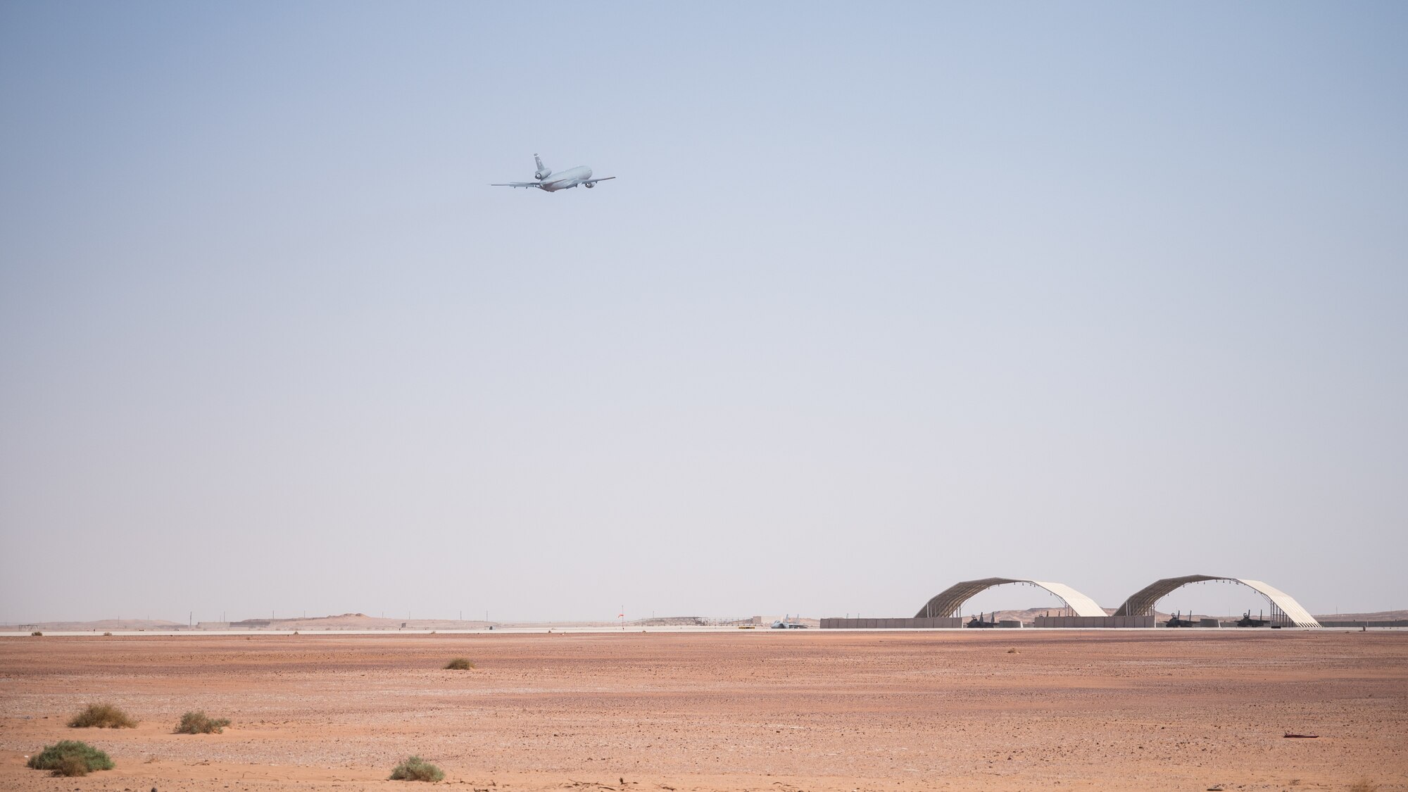 A U.S. Air Force KC-10 Extender assigned to the 908th Expeditionary Air Refueling Squadron takes off from Prince Sultan Air Base, Kingdom of Saudi Arabia, March 3, 2022. This is the first combat mission flown by the 908th EARS after relocating from Al Dhafra Air Base, United Arab Emirates, to PSAB where it will provide global reach aerial refueling capability to support joint and partner nation aircraft throughout the U.S. Central Command area of responsibility. (U.S. Air Force photo by Senior Airman Jacob B. Wrightsman)