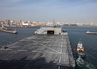 The Expeditionary Sea Base USS Hershel "Woody" Williams (ESB 4), enters the port of Dakar, Senegal, to participate in the multinational exercise Obangame Express, March 10, 2022.
