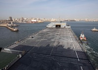 The Expeditionary Sea Base USS Hershel "Woody" Williams (ESB 4), enters the port of Dakar, Senegal, to participate in the multinational exercise Obangame Express, March 10, 2022.