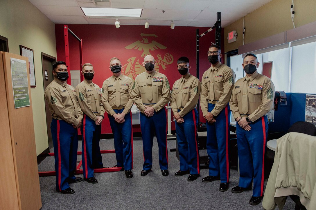 U.S. Marine Corps Sgt. Maj. Troy E. Black, the 19th Sergeant Major of the Marine Corps visits Marines with recruiting sub-station Middletown in Middletown, Delaware, Feb. 9, 2022. The visit allowed Marines to hear directly from the Sergeant Major of the Marine Corps and ask service-related questions. Recruiters find and assist qualified young men and women enter into service in the Marine Corps. (U.S. Marine Corps photo by Staff Sgt. Victoria Ross)
