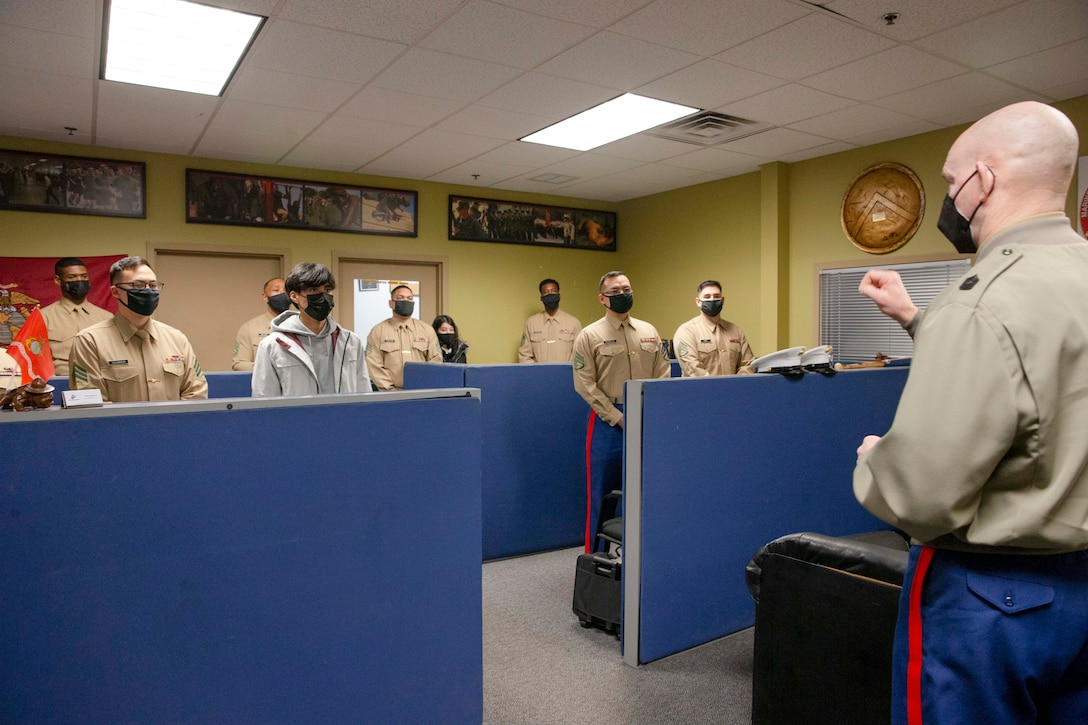 U.S. Marine Corps Sgt. Maj. Troy E. Black, the 19th Sergeant Major of the Marine Corps visits Marines with recruiting sub-station Baltimore in Baltimore, Maryland, Feb. 9, 2022. The visit allowed Marines to hear directly from the Sergeant Major of the Marine Corps and ask service-related questions. Recruiters find and assist qualified young men and women enter into service in the Marine Corps. (U.S. Marine Corps photo by Staff Sgt. Victoria Ross)