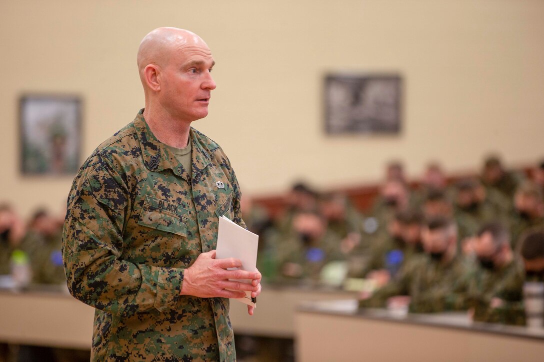 U.S. Marine Corps Sgt. Maj. Troy E. Black, the 19th Sergeant Major of the Marine Corps, speaks to Marine 2nd lieutenants attending The Basic School at Marine Corps Base Quantico, Virginia, Feb. 28, 2022. The sergeant major shared some of his leadership insights and experience operating with officers as part of a command team. The Basic School trains and educates newly commissioned officers in the high standards of professional knowledge, esprit-de-corps, and leadership to prepare them for duty as company grade officers in the operating forces, with particular emphasis on warfighting skills required of a rifle platoon commander. (U.S. Marine Corps photo by Staff Sgt. Victoria Ross)