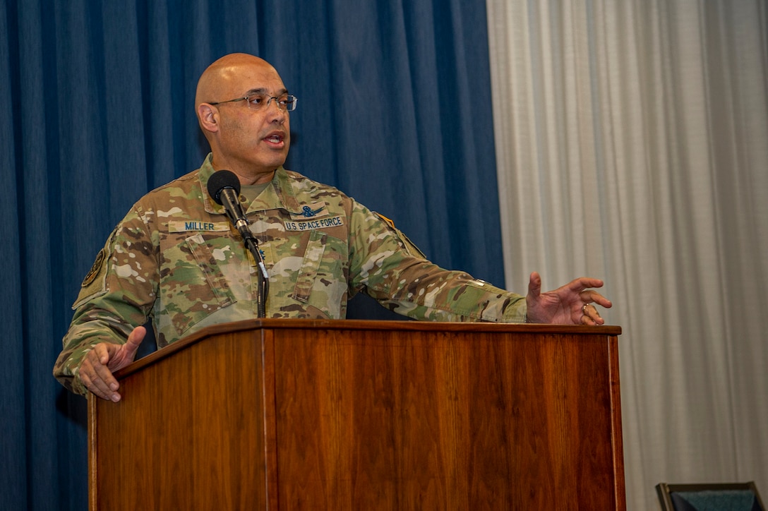 U.S. Space Force Maj. Gen. David Miller, U.S. Space Command Director, Operations, Training and Force Development, addressed Academic Fair attendees at the USSPACECOM inaugural event, Mar. 8, 2022, held at the U.S. Air Force Academy Falcon Club