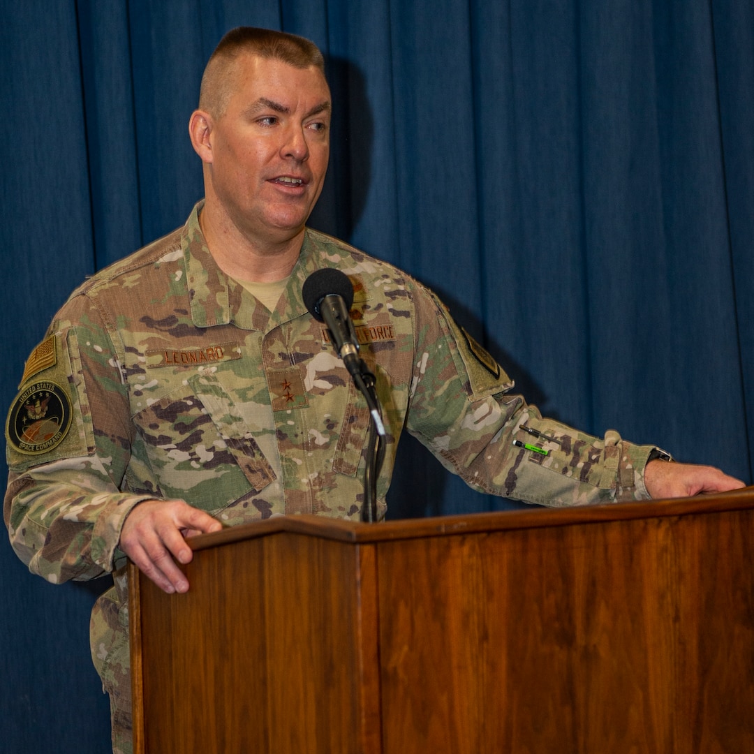 U.S. Air Force Maj. Gen. Brook Leonard, U.S. Space Command Chief of Staff, addressed Academic Fair attendees at the USSPACECOM inaugural event, Mar. 8, 2022, held at the U.S. Air Force Academy Falcon Club.