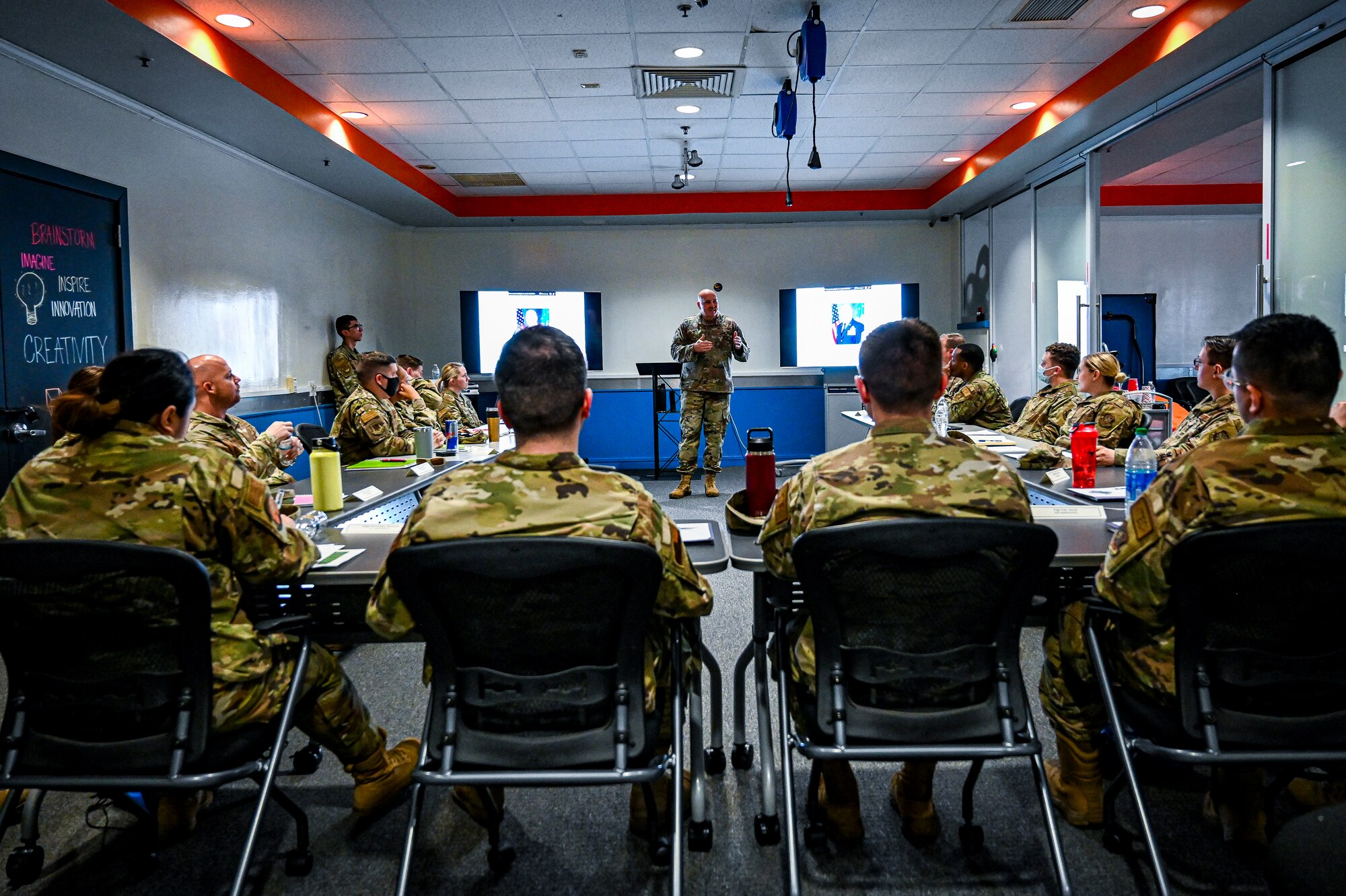 U.S. Air Force noncommissioned officers assigned to Joint Base McGuire-Dix-
Lakehurst are lectured by Chief Master Sgt. Anthony Green, U.S. Air Force
Expeditionary Center, command chief, during Airpower Leadership Academy (ALA) on 7
March, 2022, at the Infinity Spark Innovation Lab on Joint Base McGuire-Dix-Lakehurst,
N.J. The ALA is a 305th Air Mobility Wing initiative created to supplement the leadership
training offered to noncommissioned officers on the joint base. The weeklong course
uses the U.S. Air Force Enlisted Force Development Action Plan as a framework to
accelerate the growth and development of future enlisted leaders.