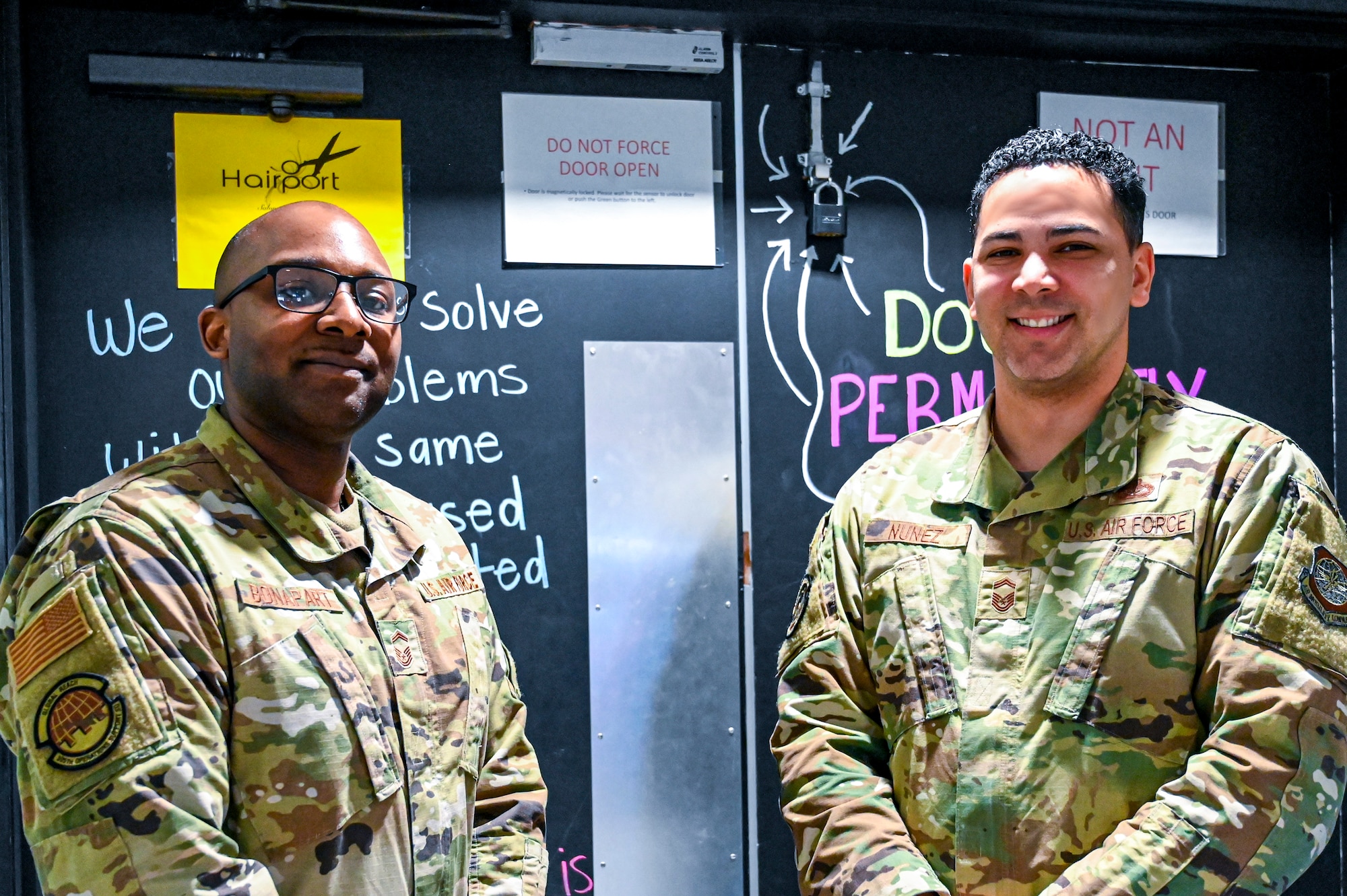 U.S. Senior Master Sgt. Dominique Bonapart, 305th Operations Support Squadron
superintendent of airfields (left), and Senior Master Sgt. Jorge Nunez, 87th Force
Support Squadron, force sustainment superintendent (right) pose for a photo as
Airpower Leadership Academy (ALA) facilitators on 7 March, 2022, at the Infinity Spark
Innovation Lab on Joint Base McGuire-Dix-Lakehurst, N.J. The ALA is a 305th Air
Mobility Wing initiative created to supplement the leadership training offered to
noncommissioned officers on the joint base. The weeklong course uses the U.S. Air
Force Enlisted Force Development Action Plan as a framework to accelerate the growth
and development of future enlisted leaders.