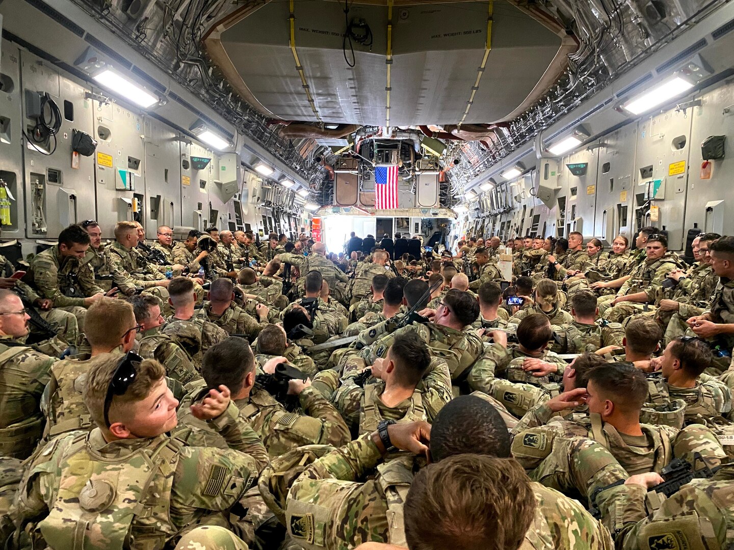 National Guard Soldiers from the Minnesota-based 34th Infantry Division pack a U.S. Air Force-operated C-17 in August 2021following the completion of their mission in Kabul, Afghanistan.