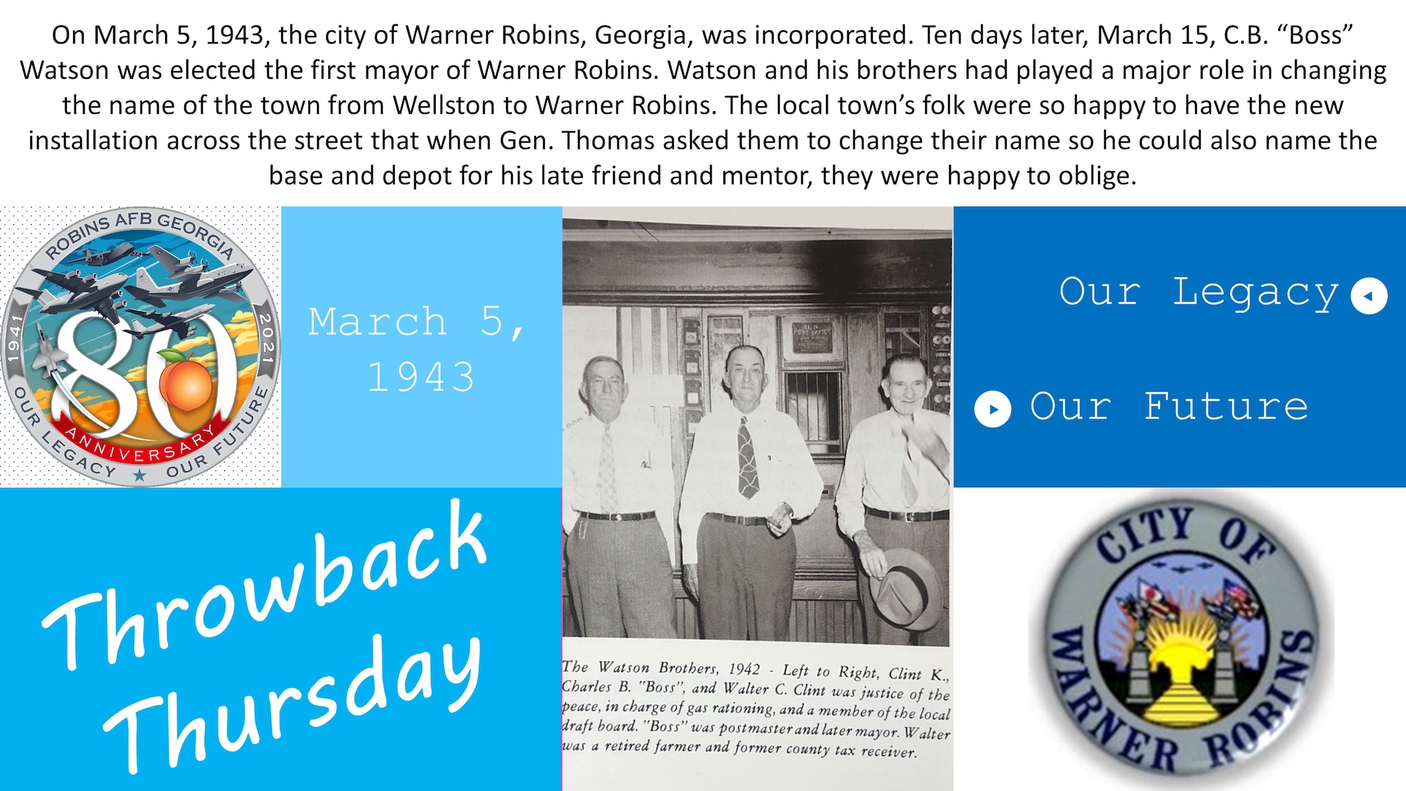 Graphic shows the city of Warner Robins shield and a newspaper clipping of the Watson brothers.