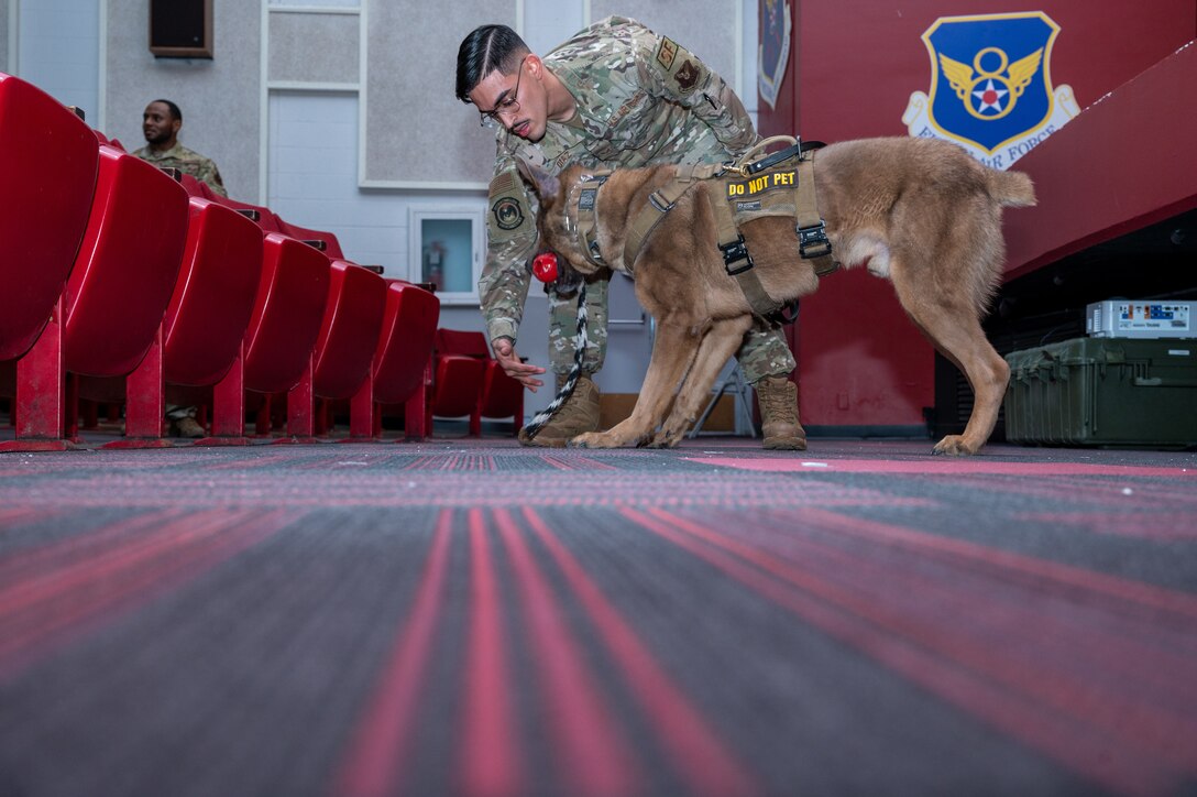 Senior Airman Victor Diaz, 28th Security Forces Squadron military working dog (MWD) handler, runs through a MWD team certification with Lezer, 28th SFS MWD at Ellsworth Air Force Base, S.D., March 7, 2022.