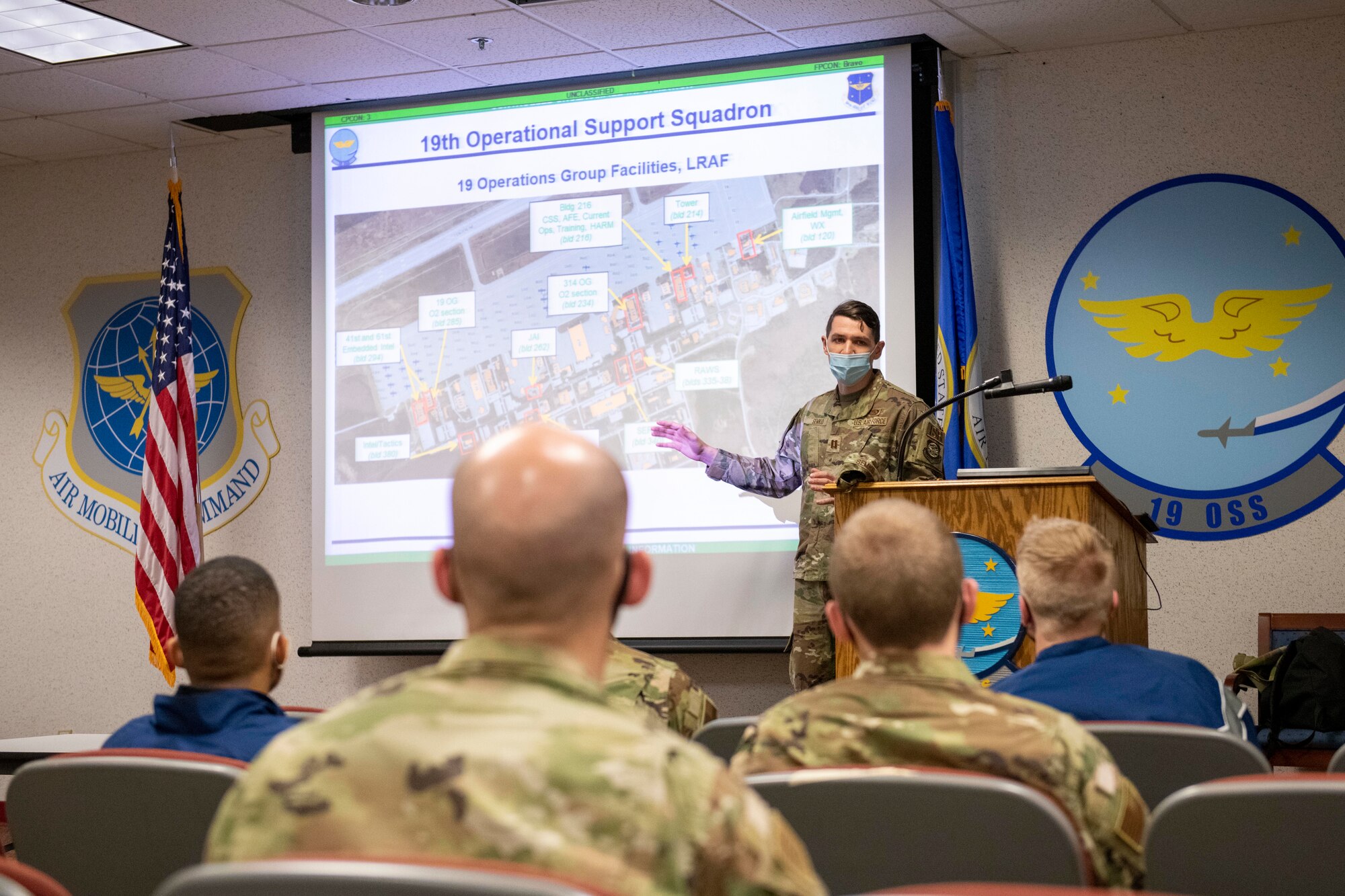 Capt. Rhett Semko, 19th Operations Support Squadron intelligence officer, briefs a group of Air Force Reserve Officer Training Corps cadets