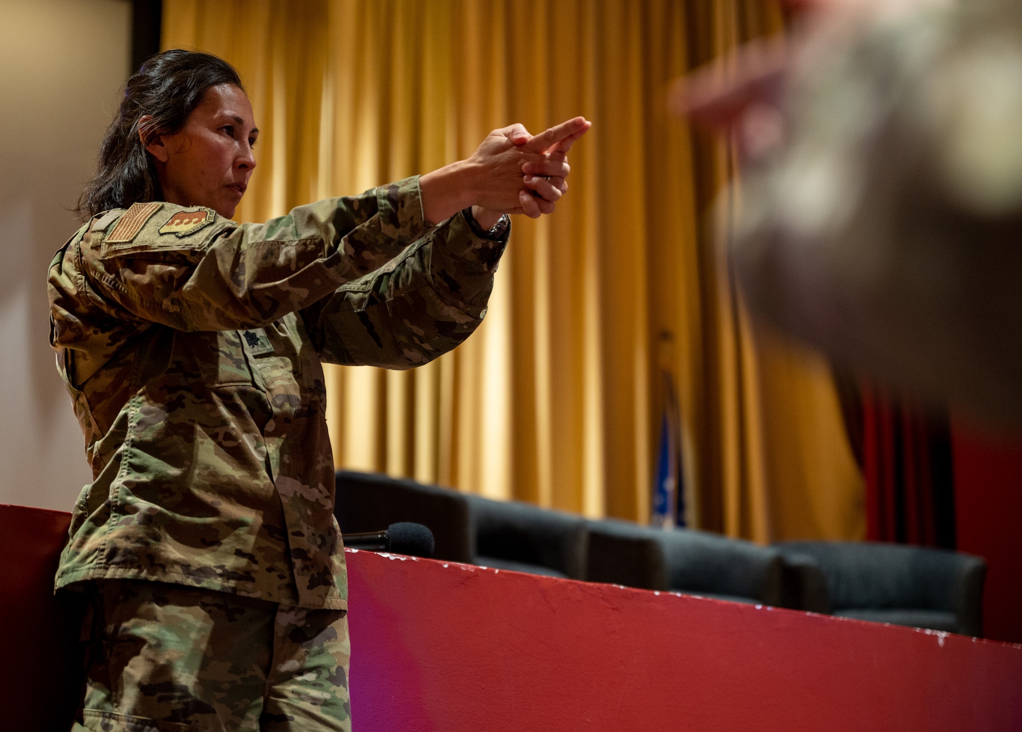 Lt. Col. Monika Johncour, 28th Bomb Wing director of staff, provides an example of a calming breathing technique at Ellsworth Air Force Base, S.D., March 2, 2022.