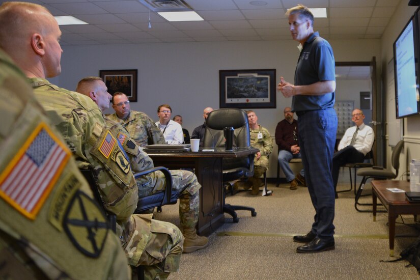 Mike Holly, an instructor for U.S. Northern Command, briefs attendees at a staff training course March 7 at Fort Indiantown Gap, Pennsylvania. Both Pennsylvania Army and Air National Guard members as well as Pennsylvania Emergency Management Agency staff members attended the course. The trial course, hosted by U.S. Northern Command, will be the Phase II of the Joint Staff Training Course.