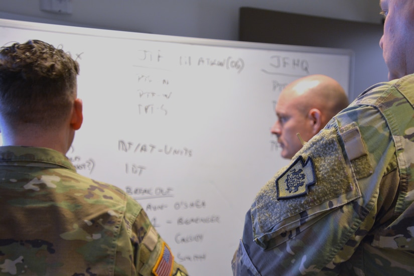 Maj. Jerry Smith, director of logistics, Maj. Justin Cassidy, future operations officer, and Maj. Sam Herald, deputy director of logistics, discuss logistics plans during a staff training course March 8 at Fort Indiantown Gap, Pennsylvania. The trial course, hosted by U.S. Northern Command, will be the Phase II of the Joint Staff Training Course.