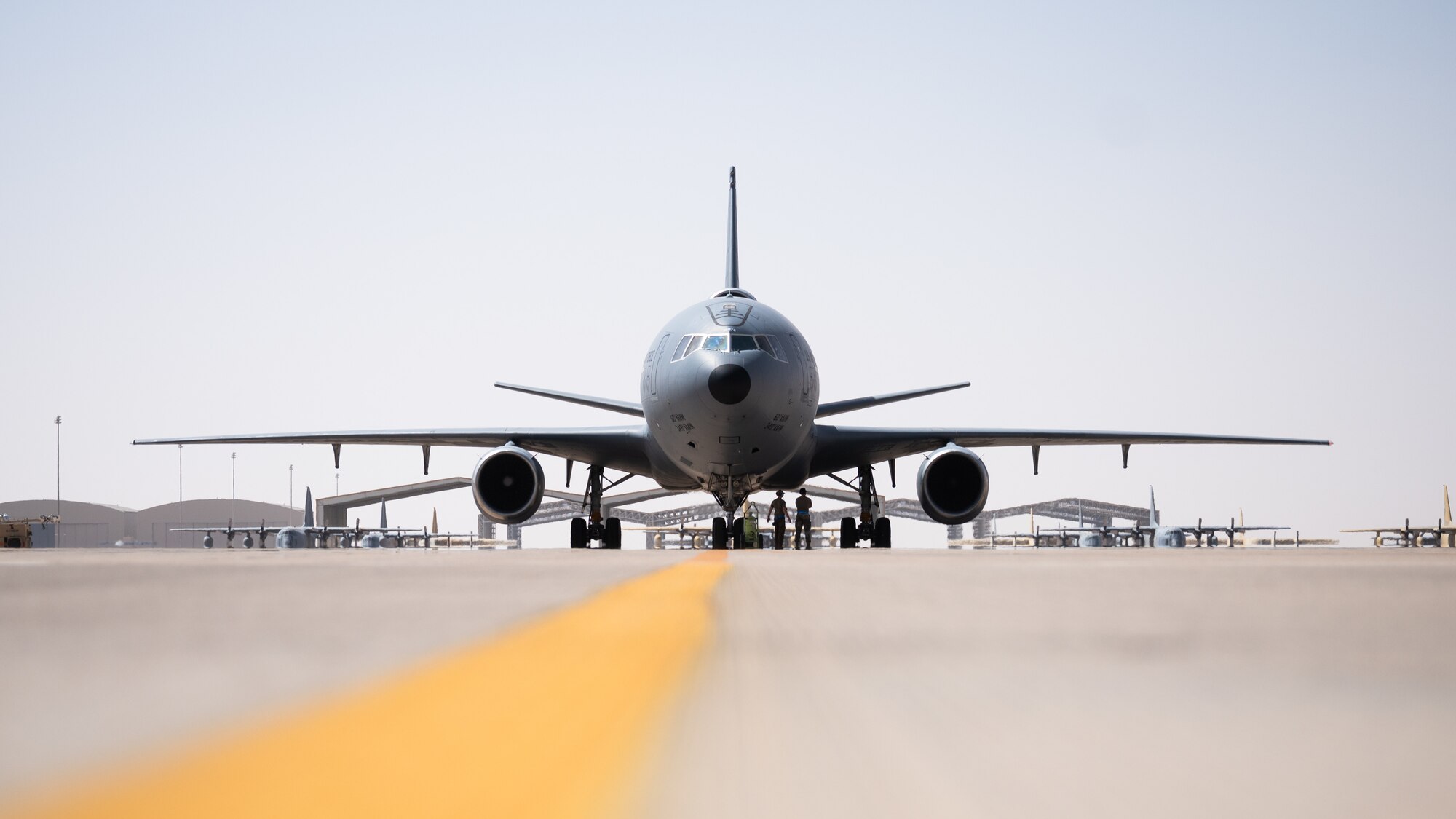 A U.S. Air Force KC-10 Extender assigned to the 908th Expeditionary Air Refueling Squadron taxis on the flight line at Prince Sultan Air Base, Kingdom of Saudi Arabia, March 3, 2022. The KC-10 is an advanced tanker and cargo aircraft that delivers Ninth Air Force (Air Forces Central)’s global reach aerial refueling capability to support joint and partner nation aircraft throughout the U.S. Central Command area of responsibility. (U.S. Air Force photo by Senior Airman Jacob B. Wrightsman)