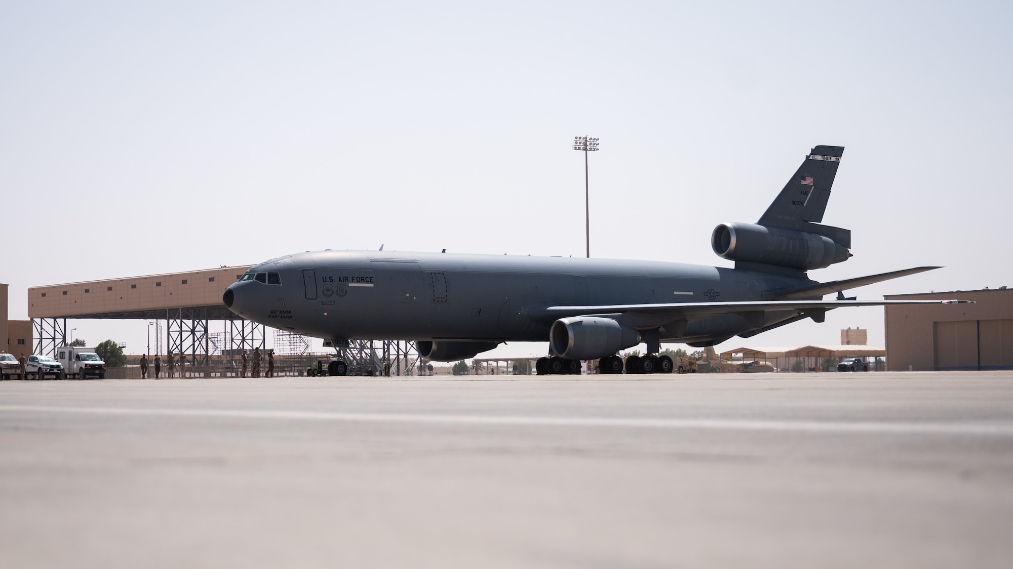 A U.S. Air Force KC-10 Extender assigned to the 908th Expeditionary Air Refueling Squadron taxis on the flight line at Prince Sultan Air Base, Kingdom of Saudi Arabia, March 3, 2022. Previously stationed at Al Dhafra Air Base, United Arab Emirates, the 380th AMXS(spell out on first reference) and 908th EARS will now operate from PSAB, to provide global reach aerial refueling capability to support joint and partner nation aircraft throughout the U.S. Central Command area of responsibility. (U.S. Air Force photo by Senior Airman Jacob B. Wrightsman)