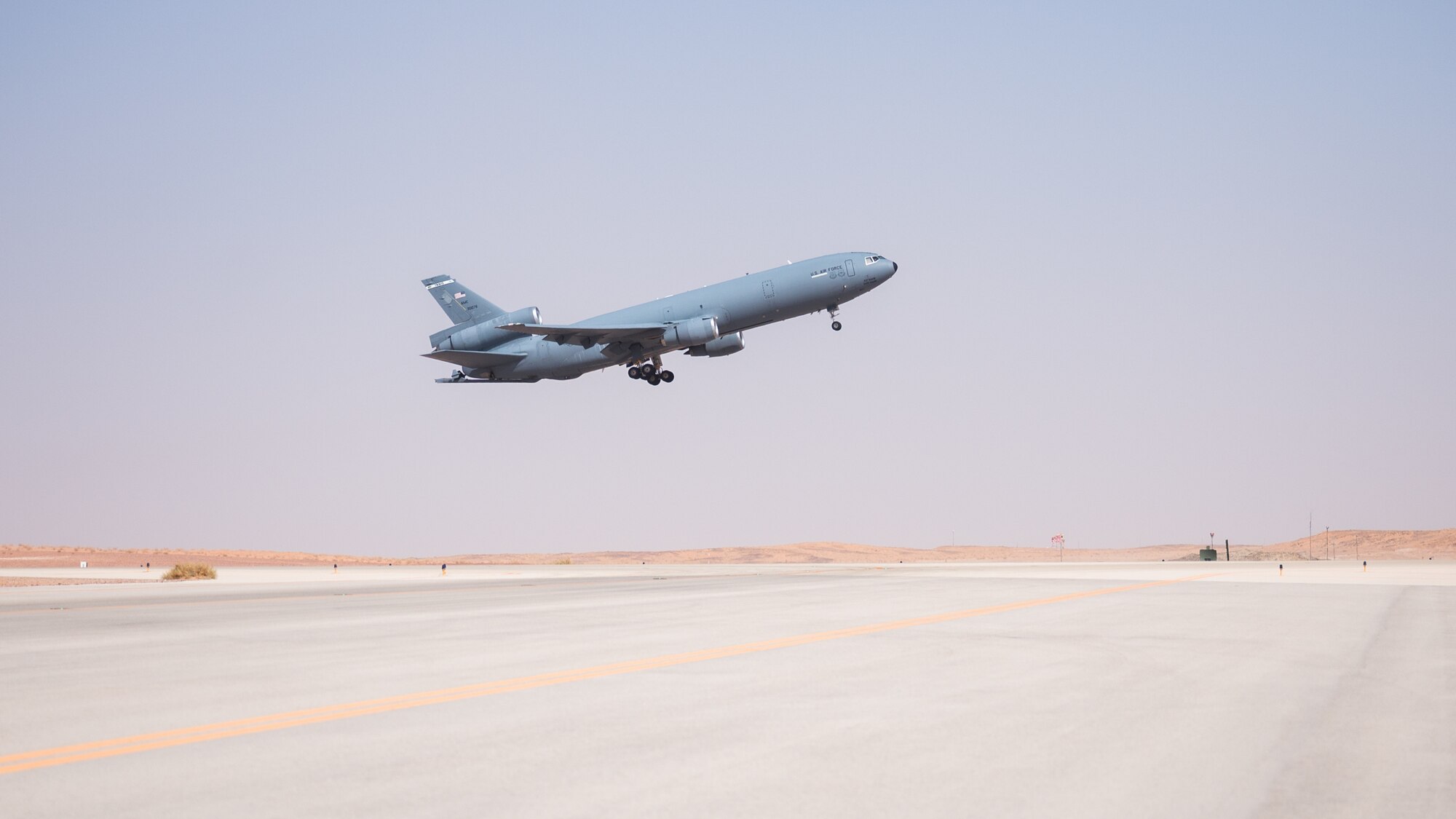 A U.S. Air Force KC-10 Extender assigned to the 908th Expeditionary Air Refueling Squadron takes off from Prince Sultan Air Base, Kingdom of Saudi Arabia, March 3, 2022. This is the first combat mission flown by the 908th EARS after relocating from Al Dhafra Air Base, United Arab Emirates, to PSAB where it will provide global reach aerial refueling capability to support joint and partner nation aircraft throughout the U.S. Central Command area of responsibility. (U.S. Air Force photo by Senior Airman Jacob B. Wrightsman)