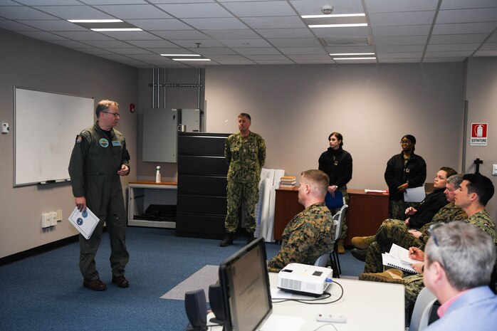 Rear Adm. Jeffrey Spivey, director of the Maritime Partnership Program for U.S. Naval Forces Europe-Africa/U.S. Sixth Fleet, delivers opening remarks during a crisis-response conference for exercise African Lion 2022 (AL22), March 11, 2022.