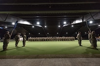 FORT KNOX, Ky. – V Corps Soldiers stand in formation during a casing of the colors ceremony prior to deployment to Germany, March 7. The V Corps main headquarters will deploy to provide additional command and control of U.S. Army forces in Europe. (U.S. Army Photo by Renee Rhodes)