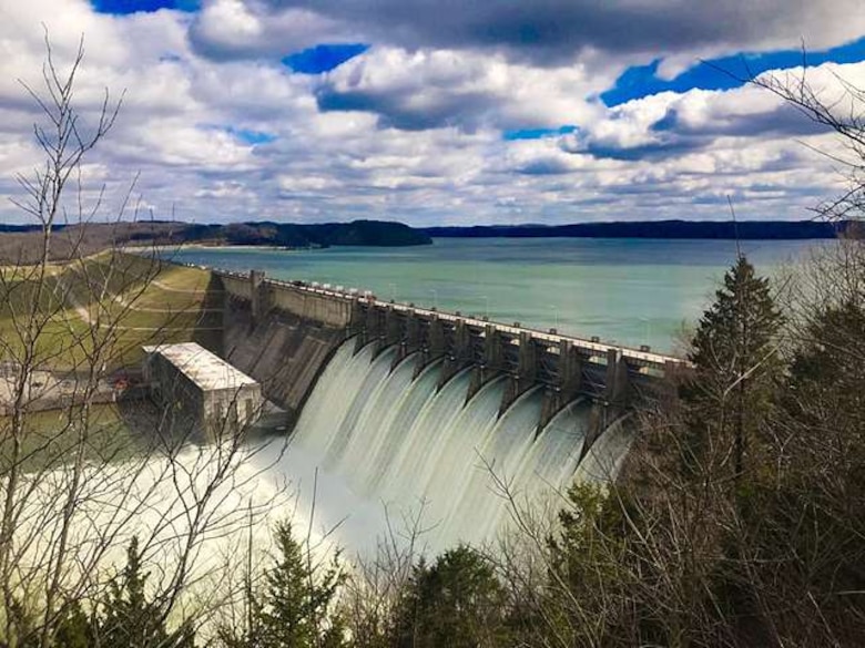 Wolf Creek Dam on the Cumberland River at Lake Cumberland in Jamestown, Ky., discharges water Feb. 24, 2019. The U.S. Army Corps of Engineers Nashville District is increasing the releases today from 45,000 cubic feet per cfs. (USACE Photo by MISTY CRAVENS)