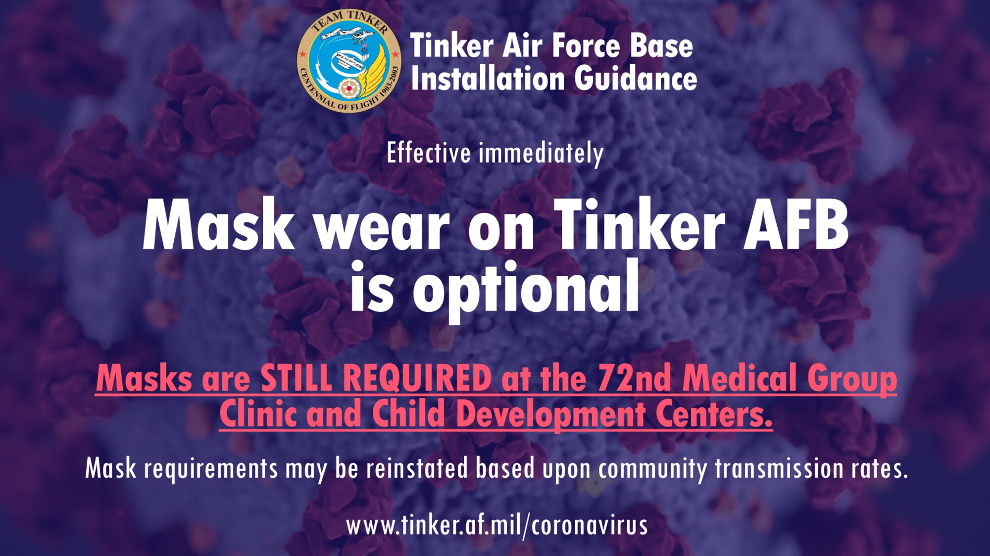 Mask wear optional on Tinker AFB graphic