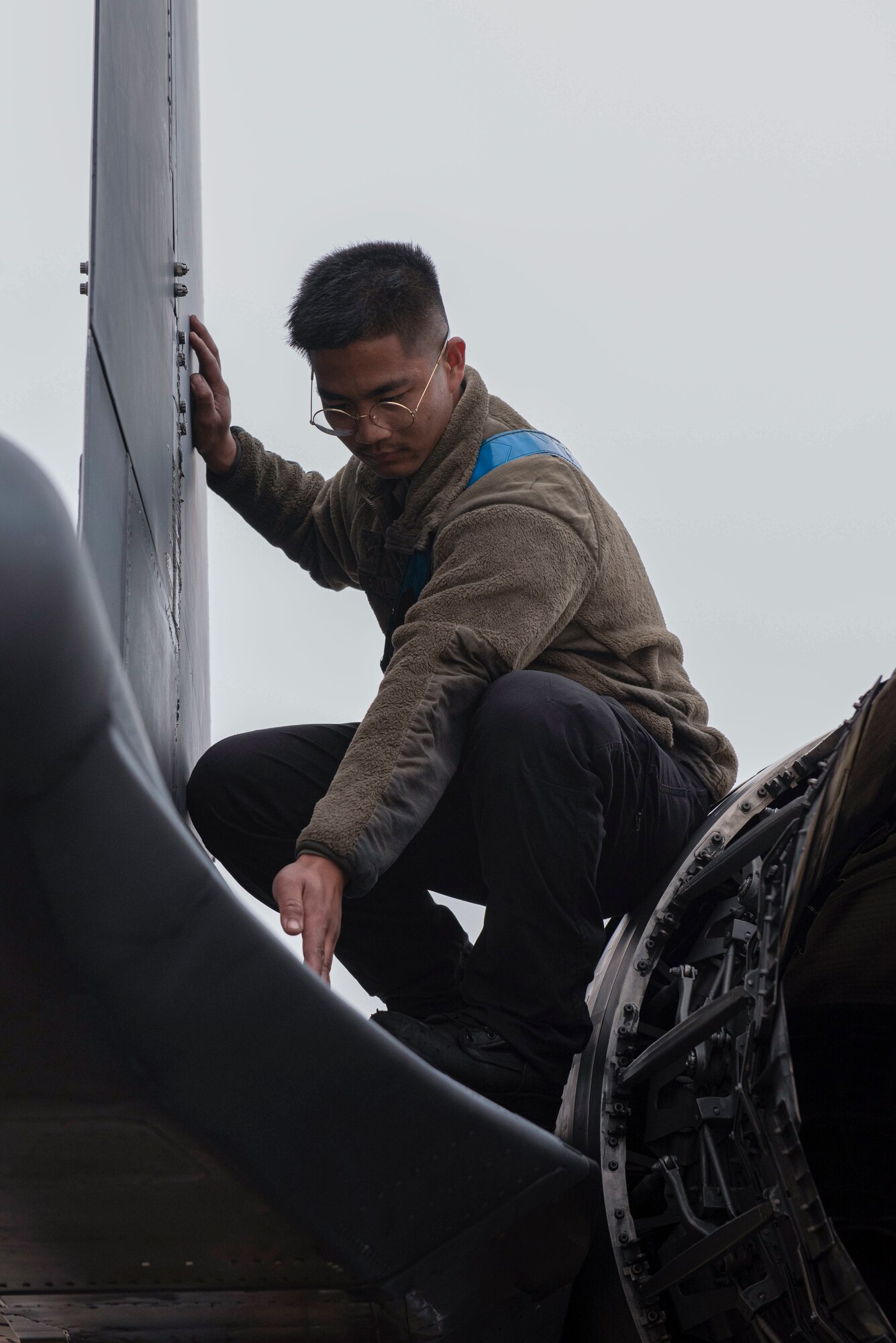 Senior Airman Jace Riveral, 334th Fighter Generation Squadron crew chief, inspects the exterior of an F-15E Strike Eagle at Seymour Johnson Air Force Base, North Carolina, March 9, 2022. The F-15 had been part of an integrated combat turn, demonstrating their ability to be refueled and rearmed almost anywhere. (U.S. Air Force photo by Airman 1st Class Sabrina Fuller)