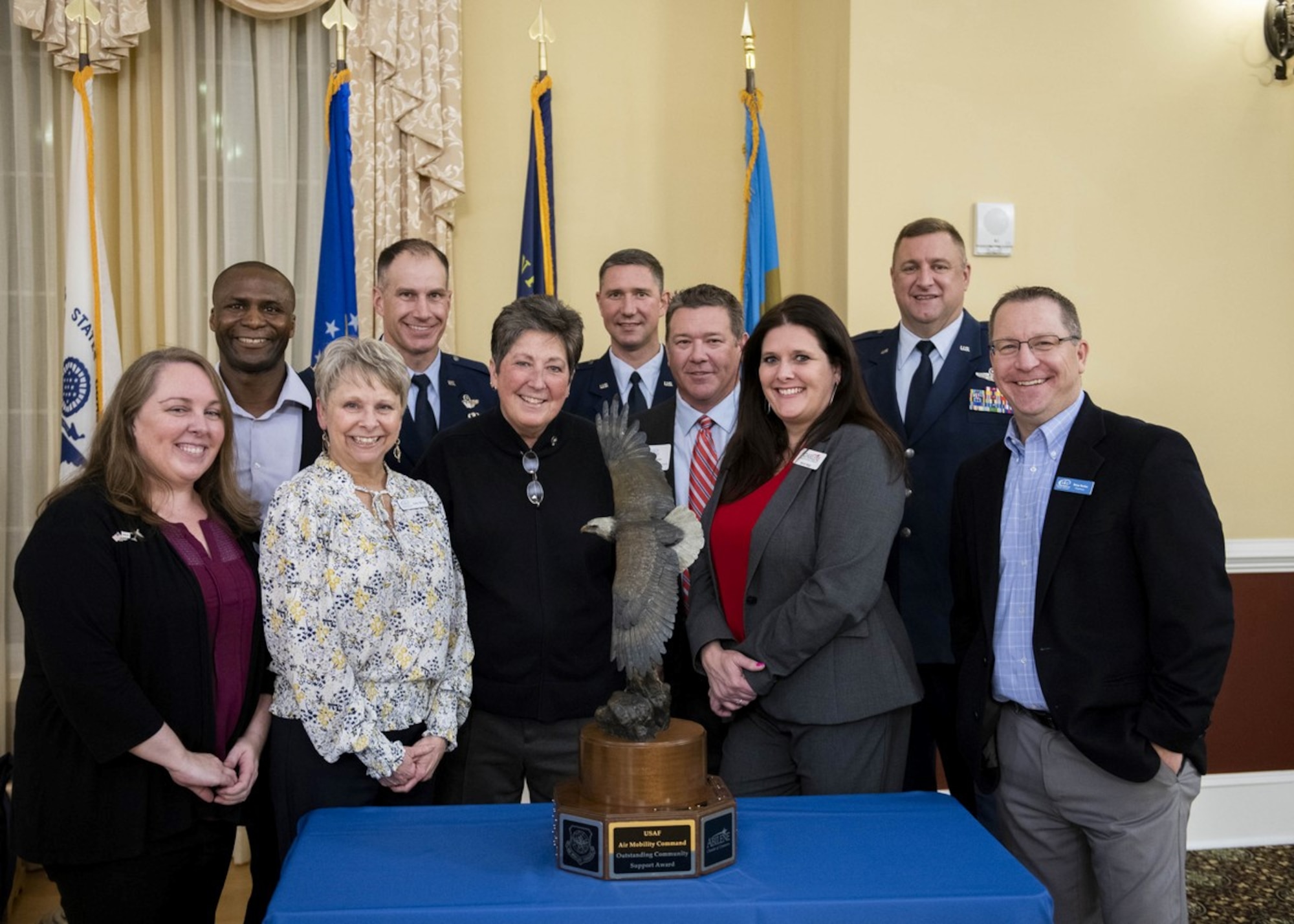 Team Dover, Central Delaware Chamber of Commerce’s Military Affairs Committee (CDCC MAC) and Abilene Chamber of Commerce leadership pose with the Abilene trophy in Dover, Delaware, March 10, 2022. The CDCC MAC was awarded the Abilene Trophy as a way to feature the outstanding support they provide Airmen, their families and the combat airlift mission. The Abilene Trophy was established in 1999 to recognize the community that best supports an Air Mobility Command base each calendar year. The CDCC MAC has won the trophy five times. (U.S. Air Force photo by Tech. Sgt. J.D. Strong II)