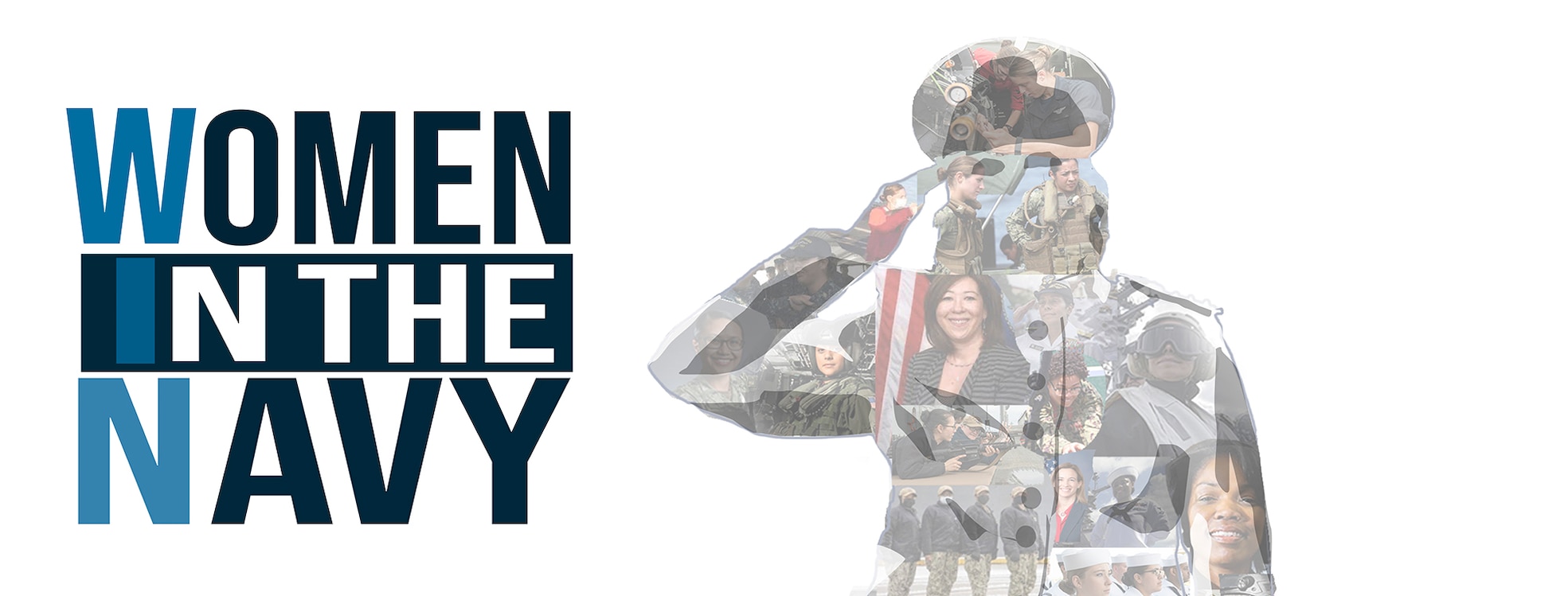 White background with faded opacity images filled silhouette of woman saluting with title of women in the navy. Letter of W I N is emphasized with different color