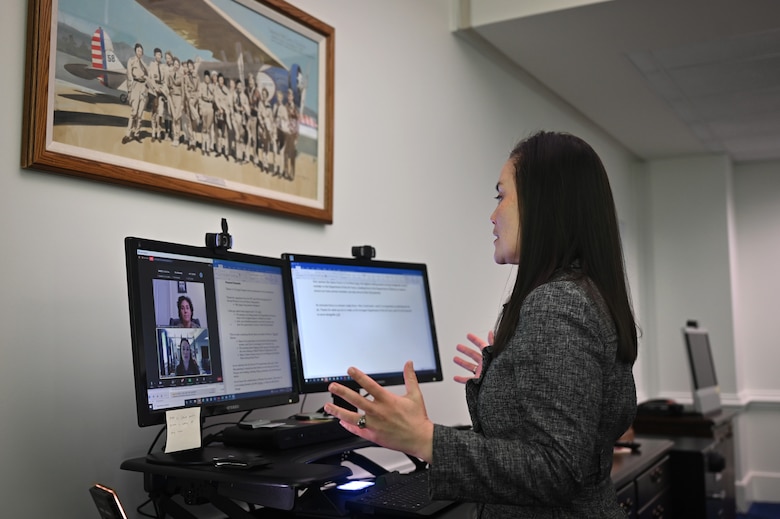 Under Secretary of the Air Force Gina Ortiz Jones provides a virtual keynote brief at the Department of the Air Force Women’s Air and Space Power Symposium from her Pentagon office in Arlington, Va., March 10, 2022. Jones covered topics including policy review and how Airmen and Guardians can address change at any level. (U.S. Air Force photo by Staff Sgt. Elora J. McCutcheon)